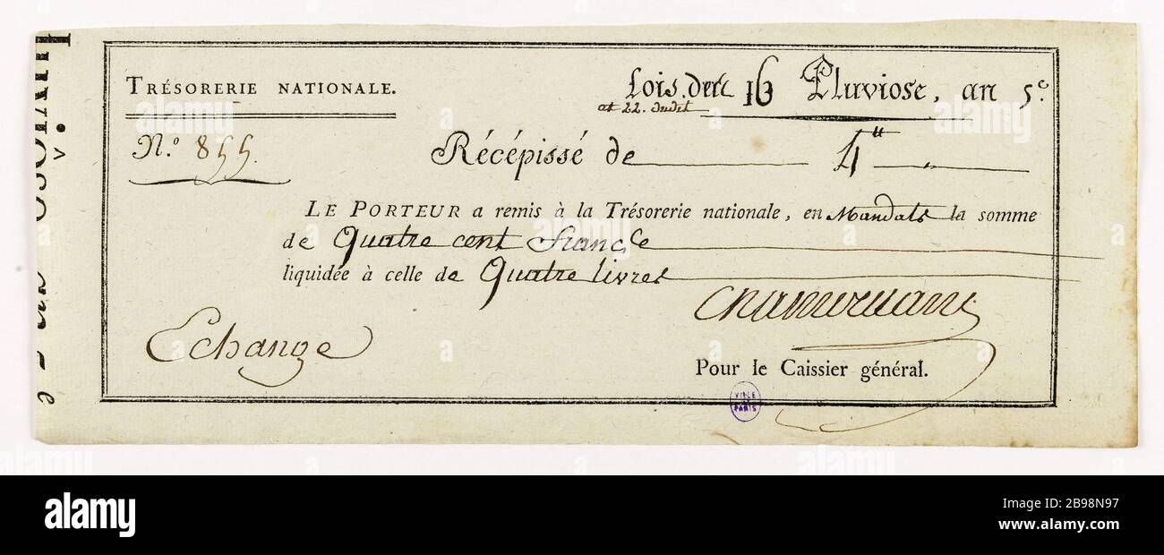 Liquidazione dei warrant, libretti di ricevimento 4, n° 855, 16 & 22 anno luvioso 5. Anonyme. Liquidation des mandats, récépissé de 4 livres, n° 855, 16 & 22 Pluviôse an 5. Typographie, encré. Parigi, musée Carnavalet. Foto Stock