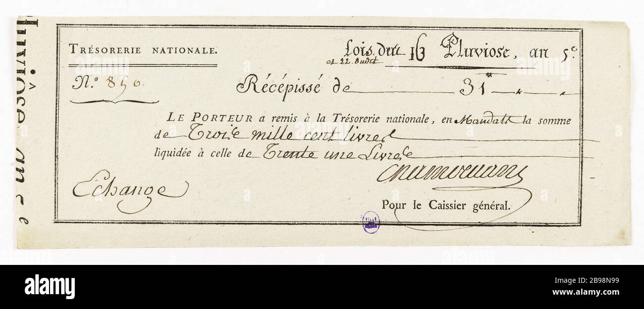 Liquidazione dei warrant, ricezione di 31 libbre, n. 850, 16 & 22 anno Pluvioso 5. Anonyme. Liquidation des mandats, récépissé de 31 livres, n° 850, 16 & 22 Pluviôse an 5. Typographie, encré. Parigi, musée Carnavalet. Foto Stock