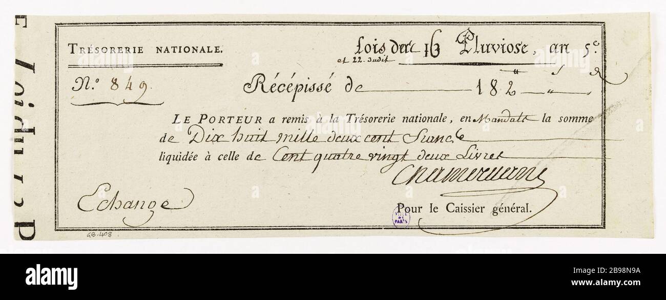 Liquidazione dei warrant, libretti di ricevimento 182, 849, 16 & 22 anno luvioso 5. Anonyme. Liquidation des mandats, récépissé de 182 livres, n° 849, 16 & 22 Pluviôse an 5. Typographie, encré. Parigi, musée Carnavalet. Foto Stock