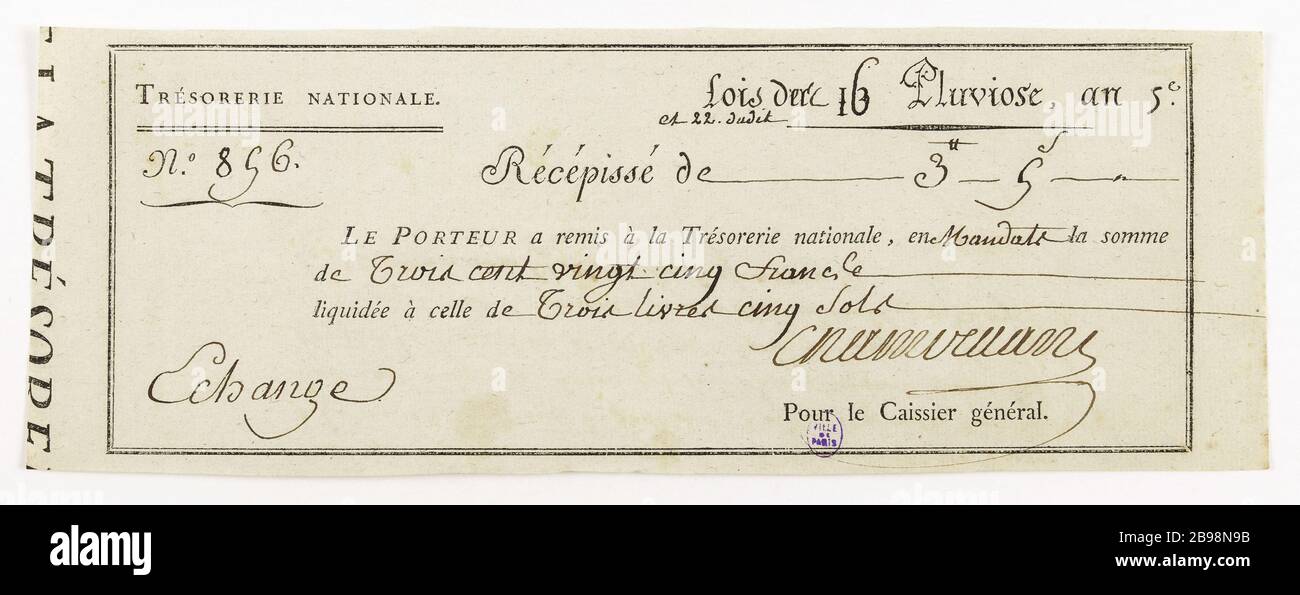 Liquidazione dei warrant, libretti di ricevimento 3 e 5 piani, 856, 16 e 22 anno Pluvioso 5. Anonyme. Liquidation des mandats, récépissé de 3 livres et 5 sols, n° 856, 16 & 22 Pluviôse an 5. Typographie, encré. Parigi, musée Carnavalet. Foto Stock