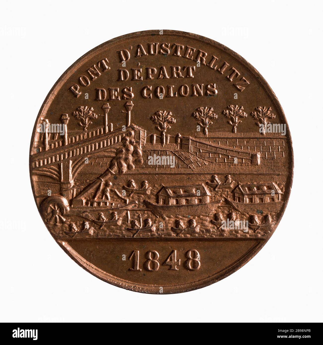 Decreto dell'Assemblea nazionale 9 novembre 1848 relativo alla concessione di fondi per la colonizzazione; passaggio del convoglio di coloni in Algeria sotto il ponte Austerlitz (titolo fittizio) Médaille sur le décret de l'Assemblée nationale le 9 novembre 1848 Concordant des fonds pour la colonization; Passage du convoi des colons vers l'Algérie sous le pont d'Austerlitz. Cuivre. Après 1848. Parigi, musée Carnavalet. Foto Stock