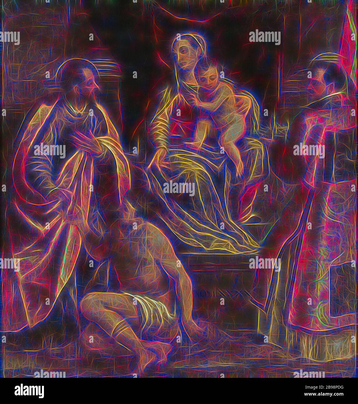 Attribuito ad Alessandro Maganza, la Vergine col Bambino con San Martino e San Petronio, Madonna col bambino e San Martino e San Petronio, dipinto, 1590, olio su tela, altezza, 200 cm (78.7 pollici), larghezza, 190, cm (74.8 pollici), datato, rivisitato da Gibon, design di calda e allegra luce di luminosità e raggi di luce radianza. Arte classica reinventata con un tocco moderno. La fotografia ispirata al futurismo, abbracciando l'energia dinamica della tecnologia moderna, del movimento, della velocità e rivoluzionando la cultura. Foto Stock
