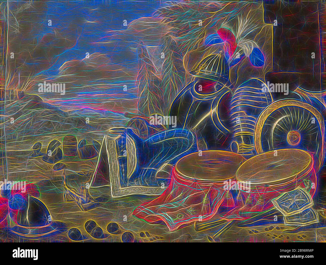 Jan van Kessel il Vecchio, emblema della guerra, pittura, olio su rame, altezza, 19 cm (7.4 pollici), larghezza, 25 cm (9.8 pollici), Reimagined by Gibon, disegno di caldo allegro incandescente di luminosità e raggi di luce radianza. Arte classica reinventata con un tocco moderno. La fotografia ispirata al futurismo, abbracciando l'energia dinamica della tecnologia moderna, del movimento, della velocità e rivoluzionando la cultura. Foto Stock