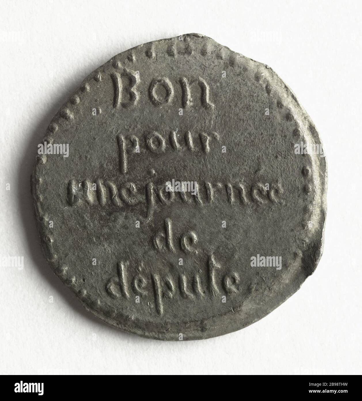 RF 25 franchi 1848 ';' buono per un giorno MP '(titolo registrato (lettera)) Médaille. RF 25 franchi 1848; Bon pour une journée de député. Estain, 1848. Parigi, musée Carnavalet. Foto Stock