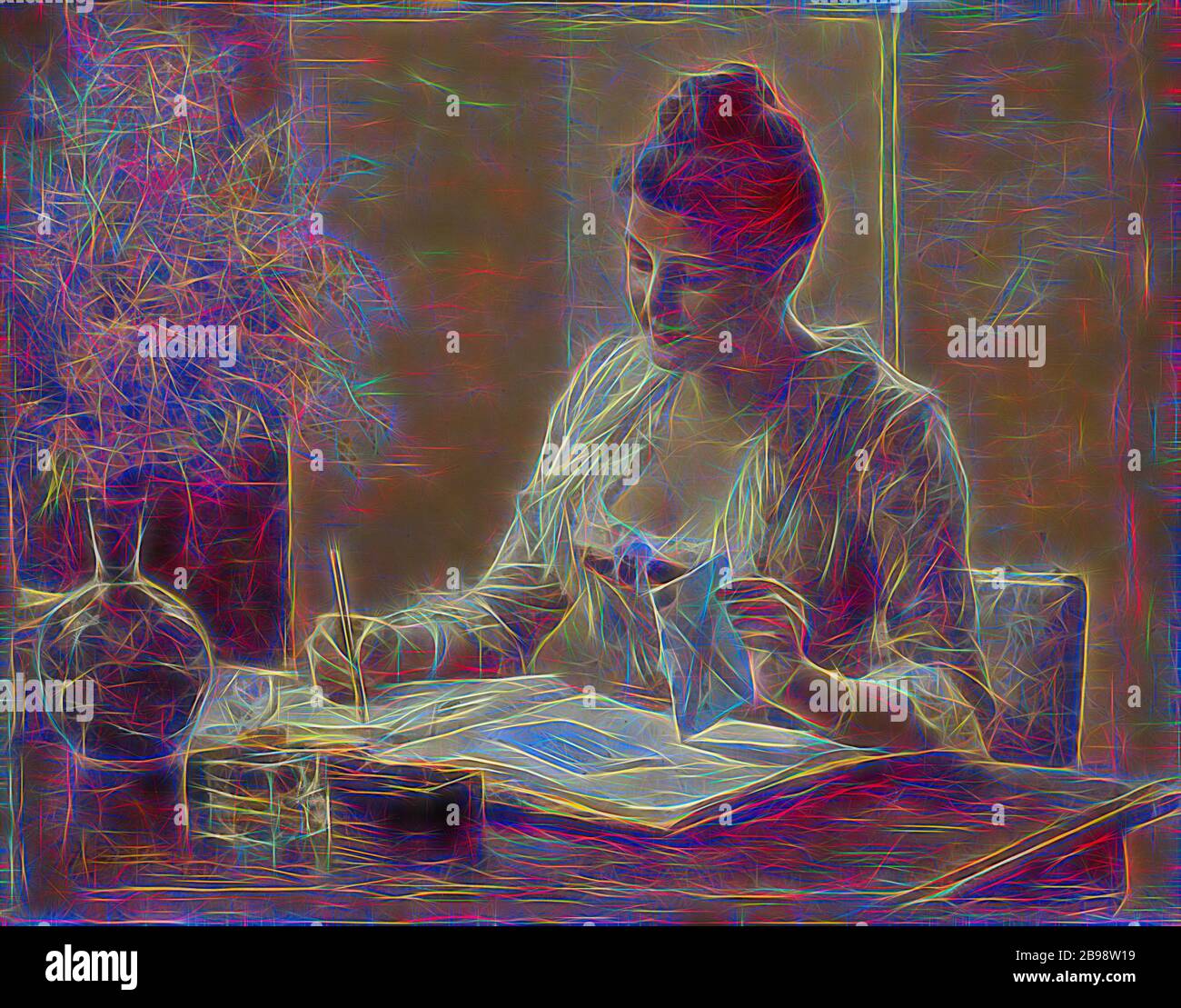 Albert Edelfelt, Lady Writing a Letter, Lady Writing letter, painting, 1887, Oil on panel, altezza, 29 cm (11.4 pollici), larghezza, 37 cm (14.5 pollici), firmato, A, Edelfelt, , Reimagined by Gibon, design di calda allegra luce e luminosità radianti. Arte classica reinventata con un tocco moderno. La fotografia ispirata al futurismo, abbracciando l'energia dinamica della tecnologia moderna, del movimento, della velocità e rivoluzionando la cultura. Foto Stock