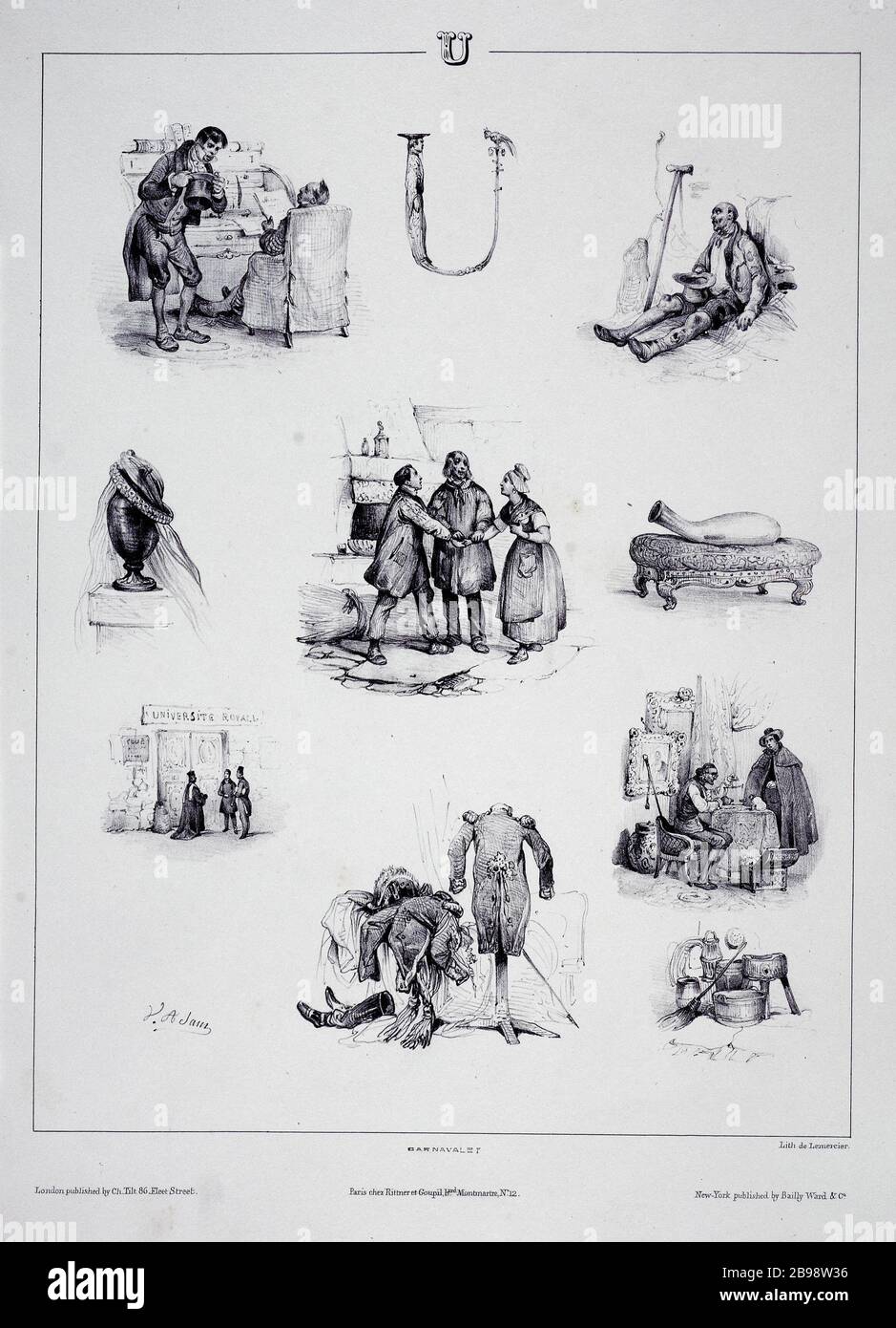 LETTERA U - NOVITÀ IN ABEDAIRE ENIGMES Jean-Victor Adam, dit Victor Adam (1801-1866) /Henri Rittner (1802-1840)/Adolphe Goupil (1806-1893)/Joseph Lemercier (1803-1887)/Charles Tilt ou Thilt/Bailly-Ward et Cie Lettre U ; "Nouvel abécédaire" en. Abécédaire. Lithographie, it 1833. Parigi, musée Carnavalet. Foto Stock