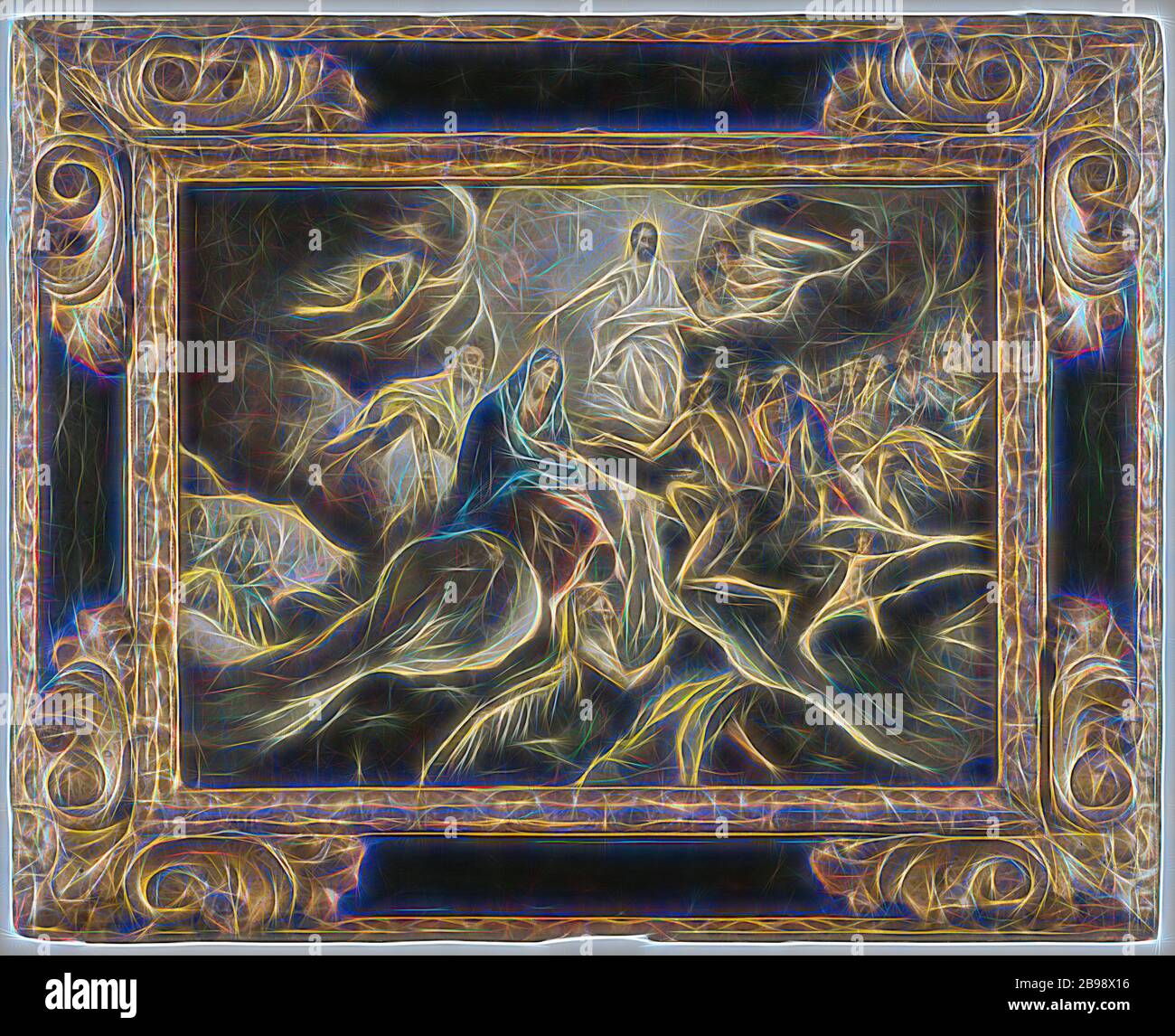 Dopo El Greco, (1541-1614), il Conte Orgaz 'funerale, olio su tela, altezza: 32.5 cm (12.7), larghezza: 44 cm (17.3), Reimagined by Gibon, disegno di calda allegra luce di luminosità e di radianza dei raggi di luce. Arte classica reinventata con un tocco moderno. La fotografia ispirata al futurismo, abbracciando l'energia dinamica della tecnologia moderna, del movimento, della velocità e rivoluzionando la cultura. Foto Stock