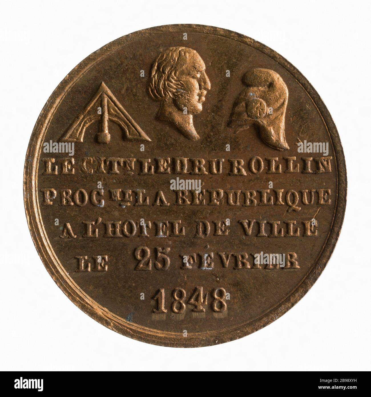 Proclamazione della seconda Repubblica nel Municipio di Alexander Ledru-Rollin (1807-1874), 25 febbraio 1848; primo anniversario della seconda Repubblica, 1849 (titolo fittizio) Médaille représentant la proclama de la IIe République à l'Hôtel de Ville par Alexandre Ledru-Rollin (1807-1874), 25 février 1848 ; anniversario premier de la IIe République. Laiton, 1849. Parigi, musée Carnavalet. Foto Stock