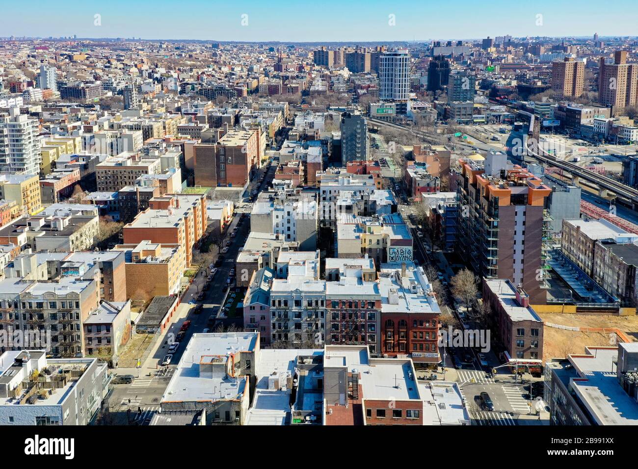 Vista aerea dello skyline della zona di Williamsburg di Brooklyn, New York. Foto Stock