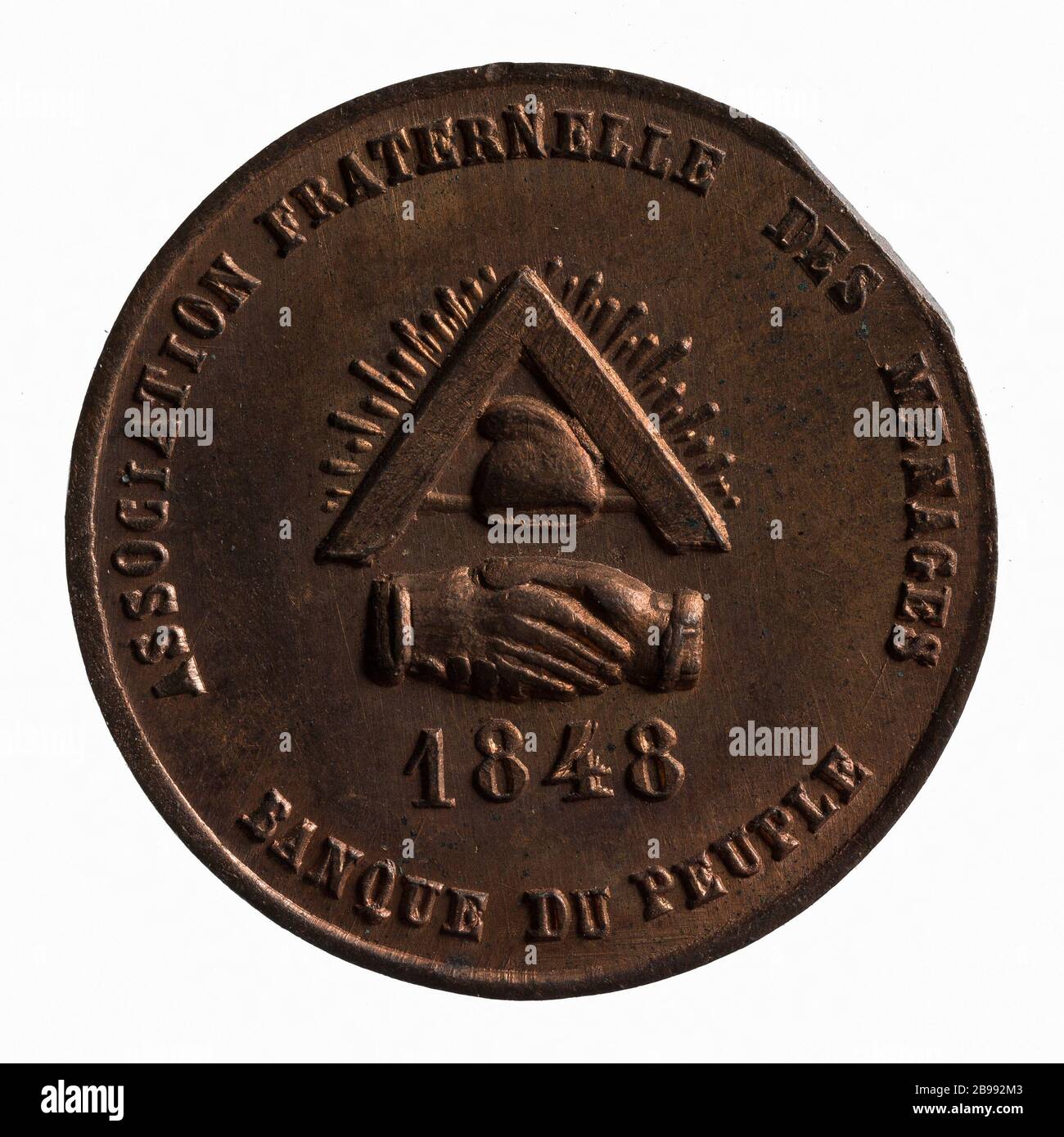 Associazione fraterna delle famiglie, 'decimata decimata, convention currency, 1848 (titolo fittizio) Médaille 'Association fraternelle des ménages', dixième de décime, monnaie de convention, 1848. Parigi, musée Carnavalet. Foto Stock