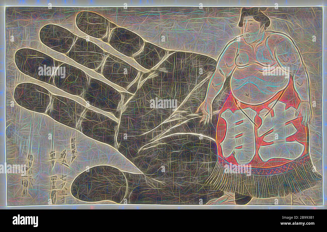 Ikezuki Goatazaemon accanto ad una stampa della sua mano, il lottatore di sumo Ikezuki Goatazaemon, con torso nudo, raffigurato accanto ad una rappresentazione a grandezza naturale della sua mano. Il testo afferma che egli è venuto da Hirado, a Hizen, era lungo oltre due metri e pesava circa 140 chili. Bokashi viola lungo la parte superiore della stampa., Kunisada (i), Utagawa (citato sull'oggetto), Giappone, 1842 - 1846, carta, taglio a colori in legno, h 230 mm × w 362 mm, Reimagined by Gibon, disegno di calda allegra luce e luminosità irradiante. Arte classica reinventata con un tocco moderno. Fotografia ispirata al futurismo, l'embracina Foto Stock