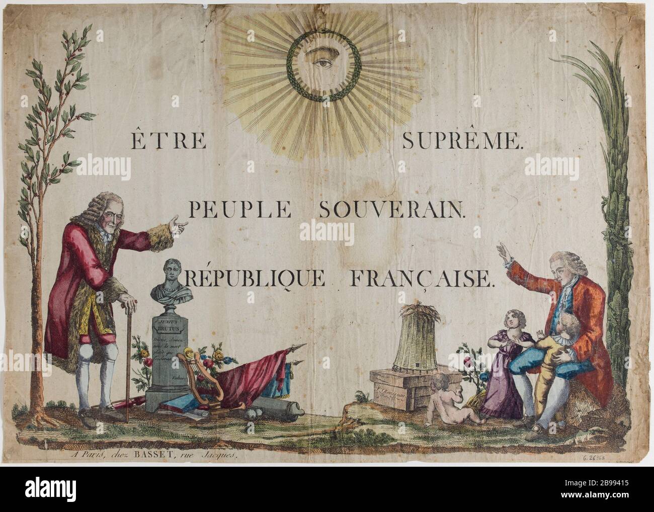 ESSERE SUPREMO - POPOLO SOVRANO - REPUBBLICA FRANCESE (1794) 'Etre Suprême - Peuple souverain - République Française (1794)'. Eau-forte coloriée. Parigi, musée Carnavalet. Foto Stock
