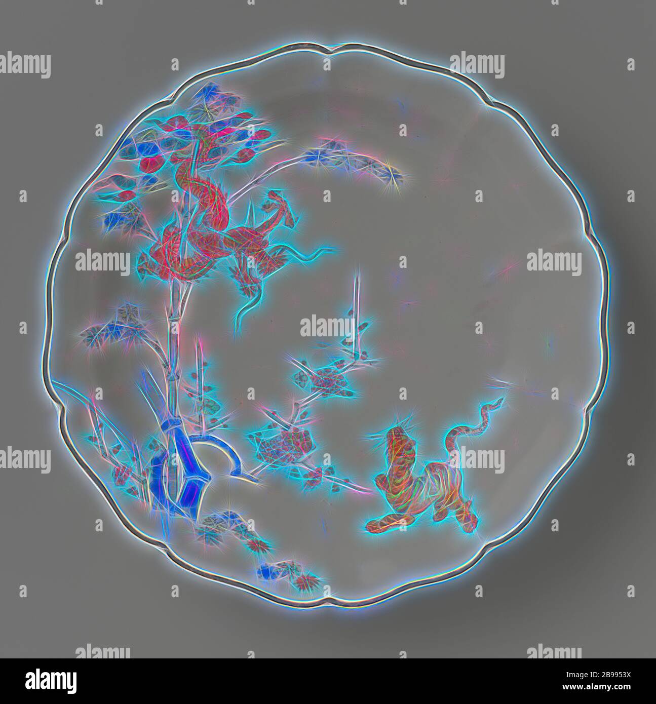 Piatto di aragosta con drago, tigre, bambù e prunus, piatto di porcellana con bordo lobato, dipinto sullo smalto in rosso blu, verde, giallo, nero e oro con una tigre vicino prunus, in su guardando un drago che si avvolge intorno a un bambù. Bordo marrone. Quattro proen nell'anello del piede. Kakiemon, Jean Theodore Royer, anonimo, Giappone, c.. 1670 - c. 1690, periodo Edo (1600-1868), porcellana (materiale), smalto, doratura, h 3.5 cm d 18 cm, Reimagined by Gibon, disegno di calda e allegra luce incandescente di luminosità e di luminosità raggi. Arte classica reinventata con un tocco moderno. Fotografia ispirata al futurismo, che abbraccia dyna Foto Stock