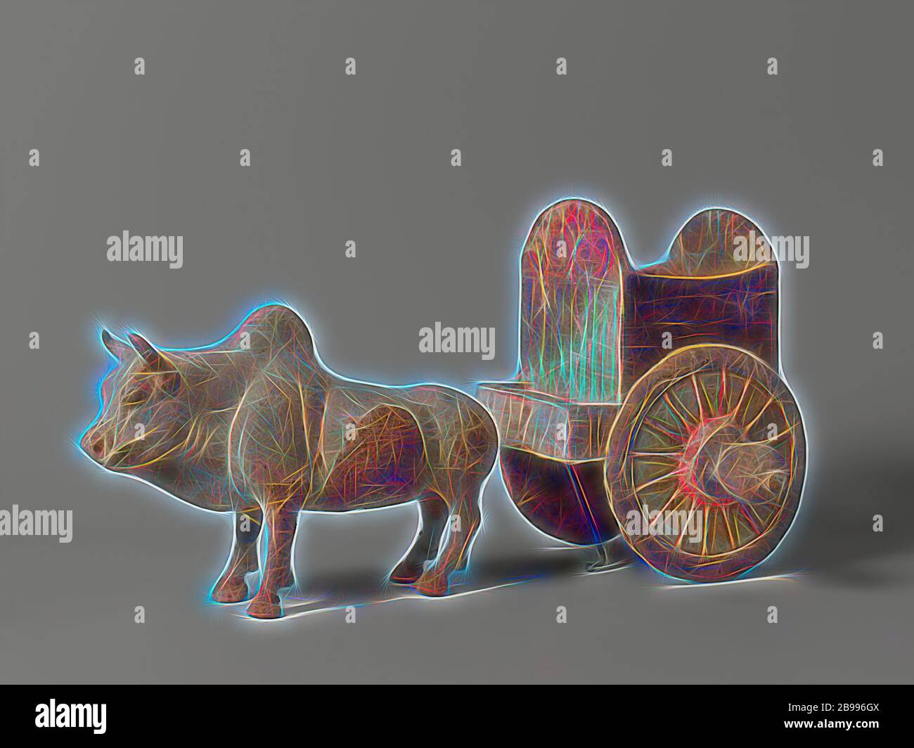 Figura di un oxcart, scultura (plastica di sepoltura o sepoltura) di terracotta con resti policromici. Un bue zebù e un carretto bue su due ruote., anonimo, Cina, c. 580 - c. 650, dinastia Tang (618-907), terracotta, tintura, pittura, l 8.8 cm × l 25.5 cm × h 18.4 cm, Reimagined by Gibon, disegno di calda e allegra luce incandescente di luminosità e di luminosità raggi di luce. Arte classica reinventata con un tocco moderno. La fotografia ispirata al futurismo, abbracciando l'energia dinamica della tecnologia moderna, del movimento, della velocità e rivoluzionando la cultura. Foto Stock