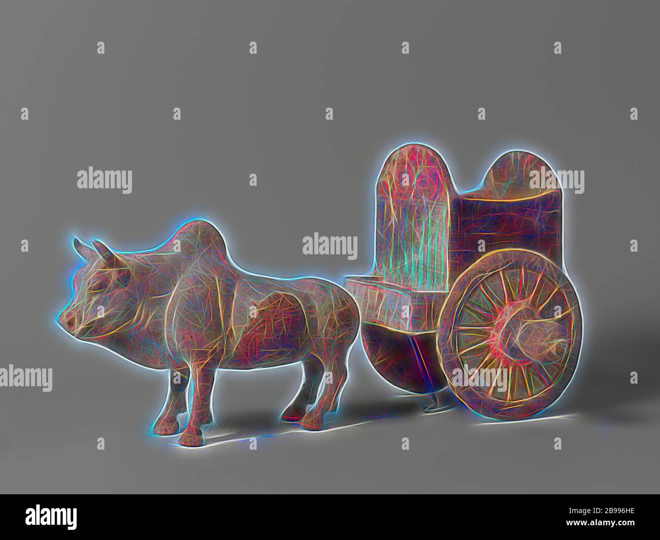 Cavallo e carretto Figura di un carretto, scultura (sepoltura plastica o dono di sepoltura) di terracotta con resti di policromia. Un bue zebù e un carretto bue su due ruote., anonimo, Cina, c. 580 - c. 650, Tang-dinastia (618-907), terracotta, tintura, pittura, l 25.5 cm × l 8.8 cm × h 18.4 cm l 16 cm × l 13 cm × h 16 cm d 15 cm × d 8.8 cm, Reimagined by Gibon, disegno di calda e allegra luce che illumina la luminosità e la luminosità dei raggi. Arte classica reinventata con un tocco moderno. La fotografia ispirata al futurismo, abbracciando l'energia dinamica della tecnologia moderna, del movimento, della velocità e rivoluzionando la cultura. Foto Stock