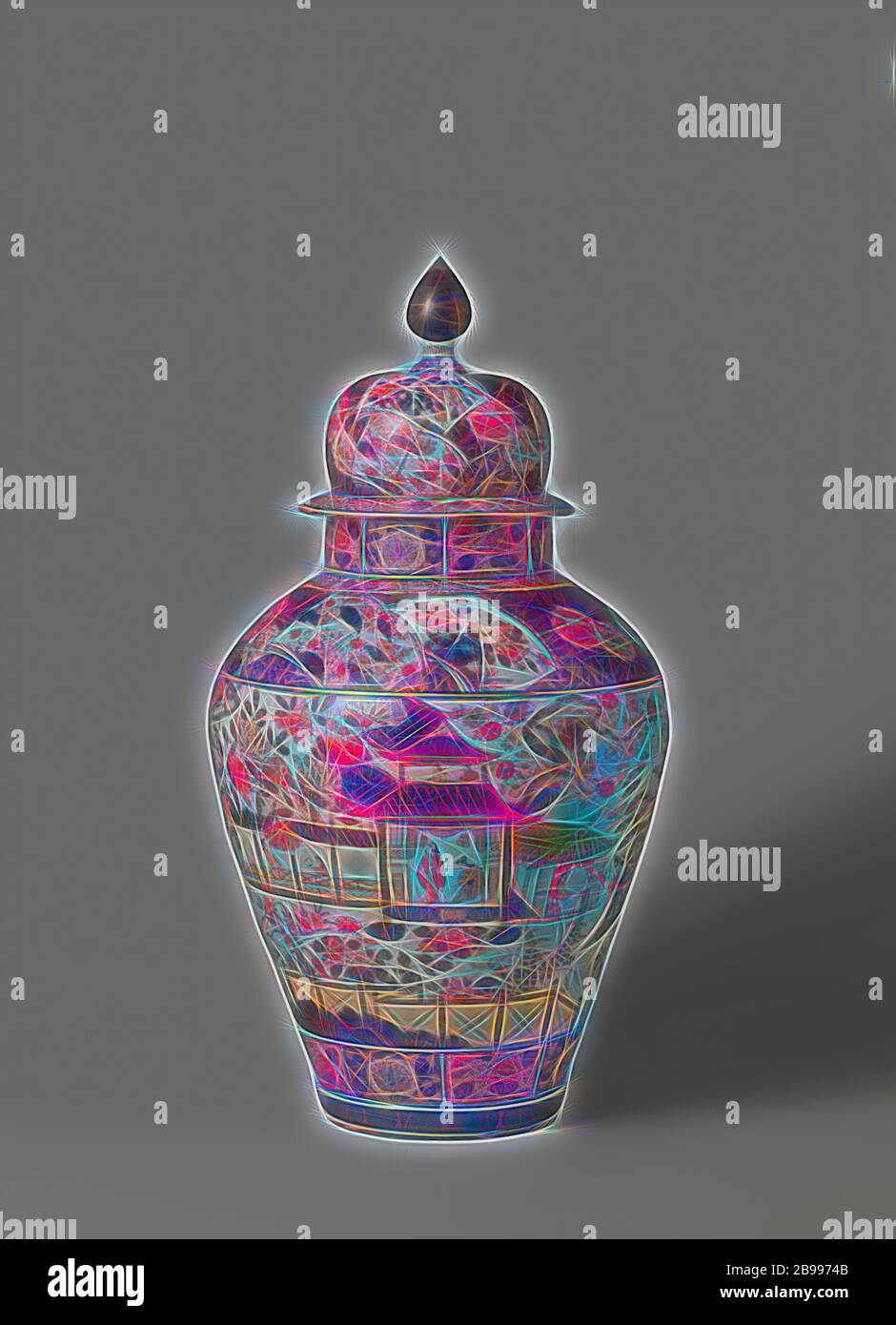 Ovoidale vaso coperto con donne giapponesi in padiglioni tra piante fiorite, uova a forma di pentola coperta di porcellana dipinta in underglaze blu e sullo smalto rosso, nero e oro. Sul ventre di una rappresentazione continua di vari padiglioni con signore Giapponese circondata da una roccia e grandi piante fiorite (peonia, garofano, Prunus, crisantemo) in un giardino recintato. Sulla spalla una banda ampia con le peonie interrotto dal libro-cartouches sagomato con paesaggi o piante in fiore. Intorno al collo una fascia con vitigni di foglia interrotta da gruppi di tre prunus fiori. Attorno al piede e o Foto Stock