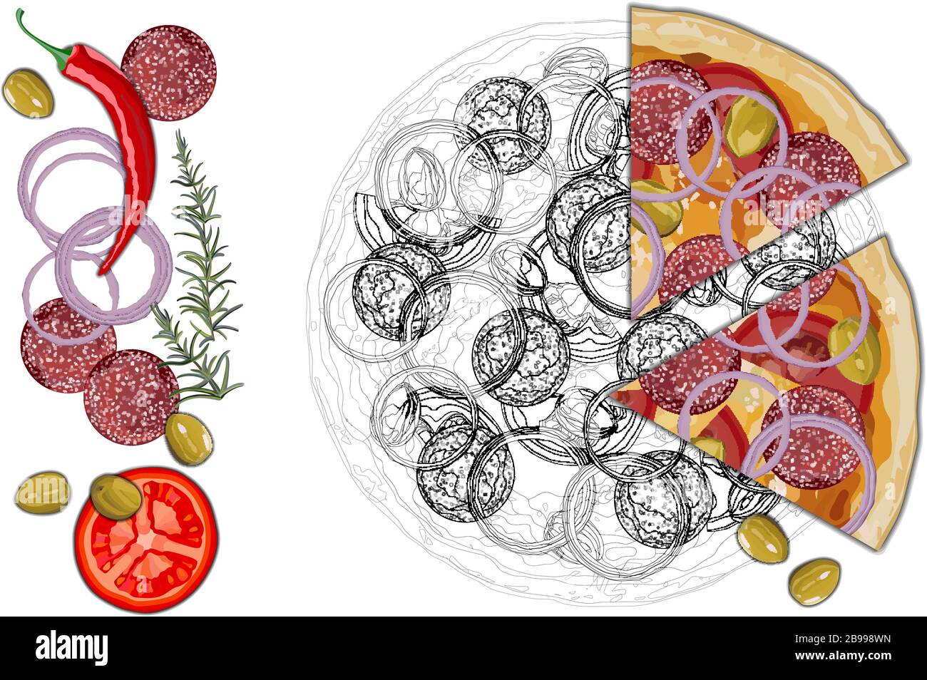 Pizza italiana originale con peperoni e funghi su fondo bianco Illustrazione Vettoriale