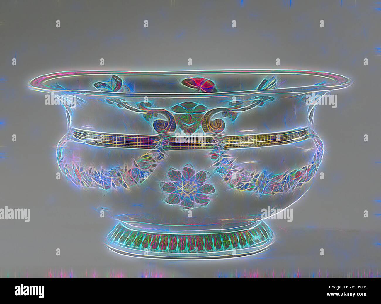 Bacino ovale con maschere e ghirlande, grande bacino ovale di porcellana dipinta su smalto di colore blu, rosso, rosa, verde, giallo, nero e oro. Sul bordo esterno quattro maschere fiancheggiata da volute e foglie di vite. Le maschere sono interconnessi da ghirlande e sotto ogni maschera è un fiore stilizzato rosette sul ventre. Sul piede di una band con foglie stilizzate dei motivi. L'interno con quattro grandi peonia rami e farfalle. Rappresentanza europea in colori a smalto., anonimo, Cina, c. 1740, Qing-dinastia (1644-1912) / Qianlong-periodo (1736-1795), porcellana (materiale), smalto, oro (metallo), la vetrificazione, h 34 Foto Stock