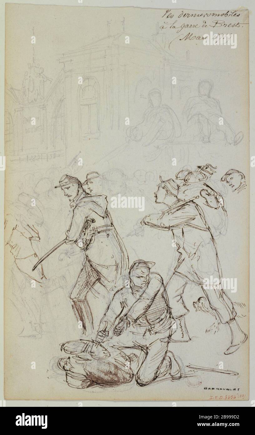 L'ultima stazione ferroviaria mobile di Brest. (Marzo 1871) Gustave Doré (1832-1883). "Les derniers mobiles à la gare de Brest, Mars 1871". Pennacchio, encré e crayon. 1871. Parigi, musée Carnavalet. Foto Stock