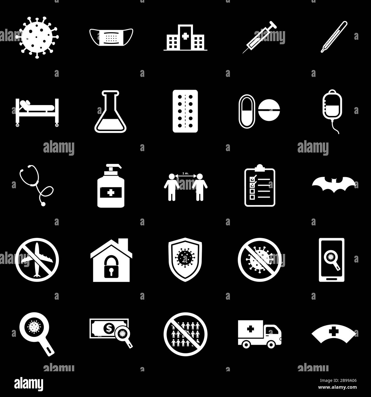 Icone di coronavirus su sfondo nero, vettore di scorta Illustrazione Vettoriale