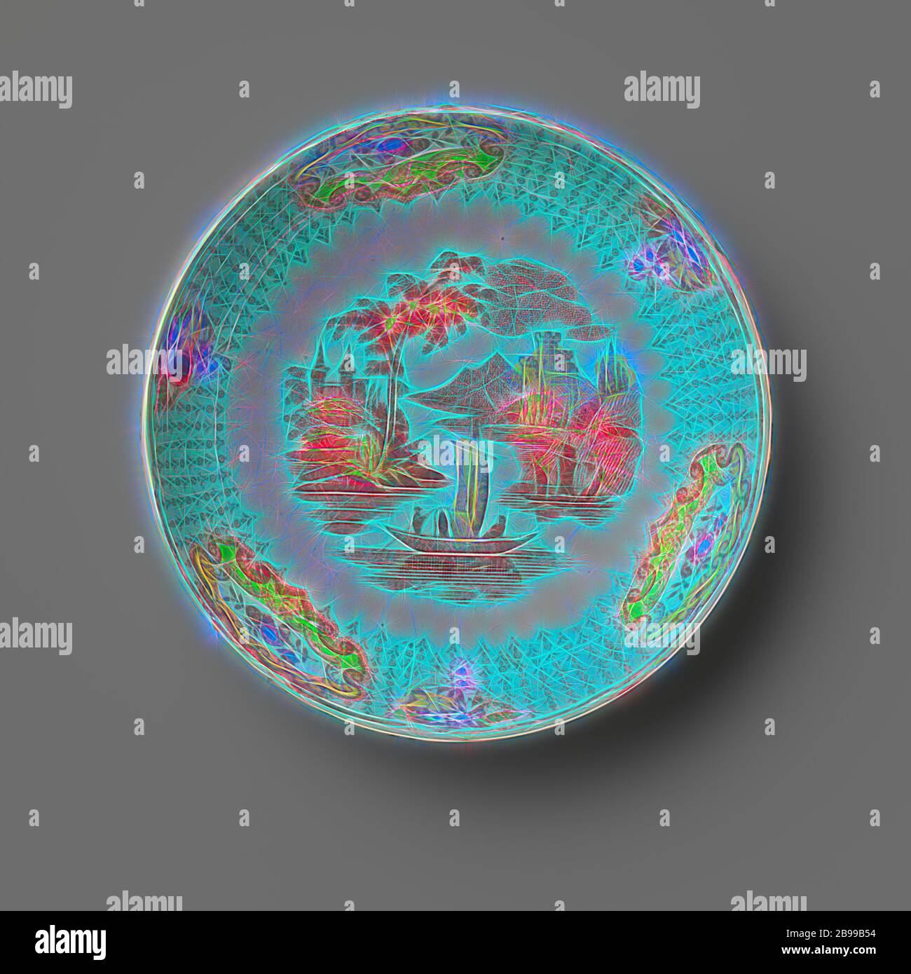 Piatto di terracotta dura, creme fini con trasferimento, piatto rotondo di terracotta dura con trasferimento multicolore. L'appartamento ha un'immagine di un paesaggio fluviale con una barca. Il bordo ha tre medaglioni con spray floreali e tre bouquet tra una fondazione di rami verticali stilizzati. Il piatto appartiene ad una tazza e a tre tazze uguali con piattini, anonimi, Inghilterra, c.. 1830 - c. 1850, terracotta, h 3.0 cm × d 12.5 cm, reinventata da Gibon, disegno di calda e allegra luce di luminosità e di luminosità dei raggi. Arte classica reinventata con un tocco moderno. Fotografia, insp Foto Stock