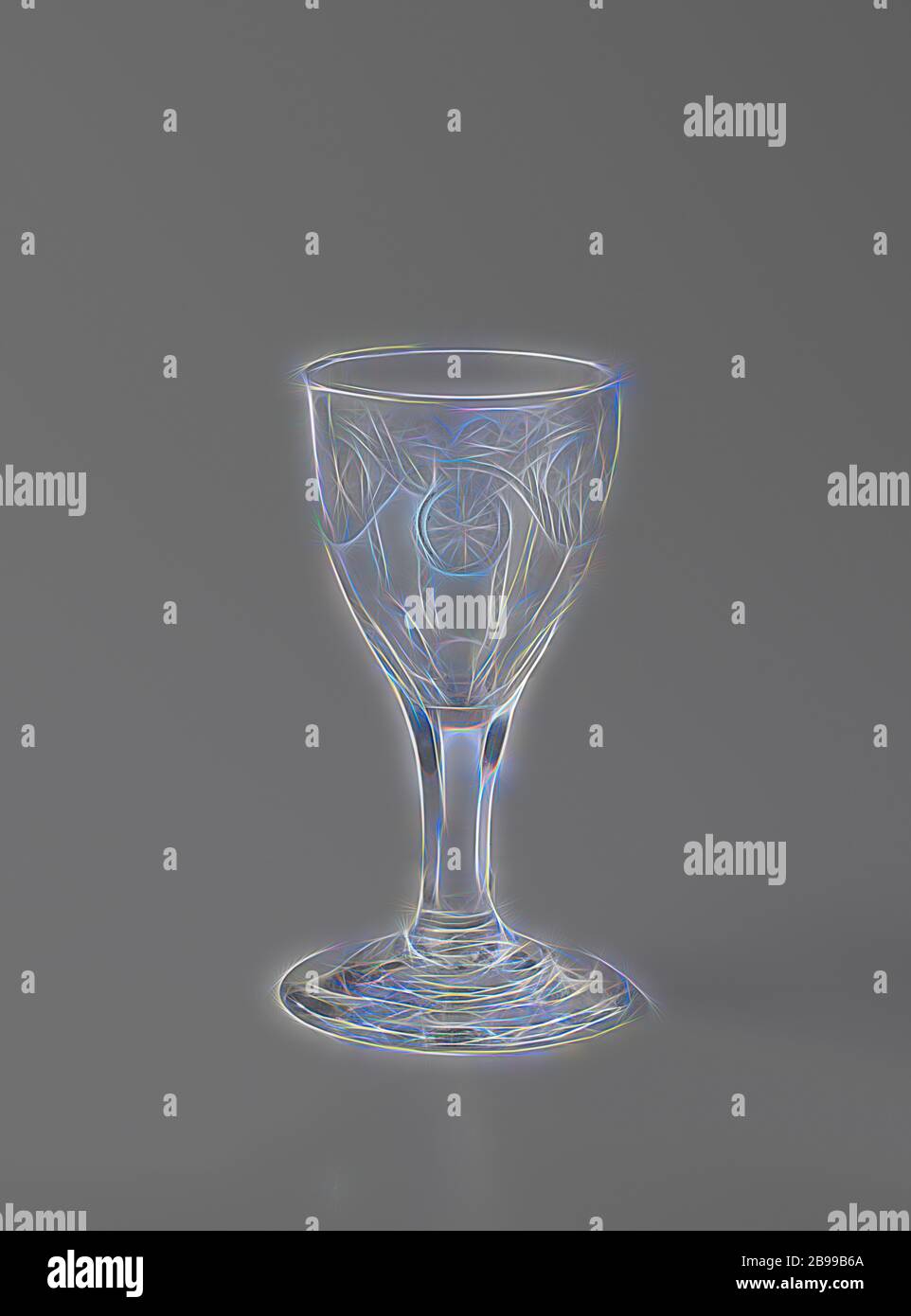 Calice a tre archi e medaglioni, calice con stelo esagonale su base rotonda. Il calice è decorato con tre archi ai quali sono attaccati piccoli medaglioni da garlands., anonimi, c. 1800 - c. 1825, vetro, soffiatura vetro, h 12.1 cm × d 6.7 cm, Reimagined by Gibon, disegno di calda allegra luce di luminosità e di luminosità raggi di luce. Arte classica reinventata con un tocco moderno. La fotografia ispirata al futurismo, abbracciando l'energia dinamica della tecnologia moderna, del movimento, della velocità e rivoluzionando la cultura. Foto Stock