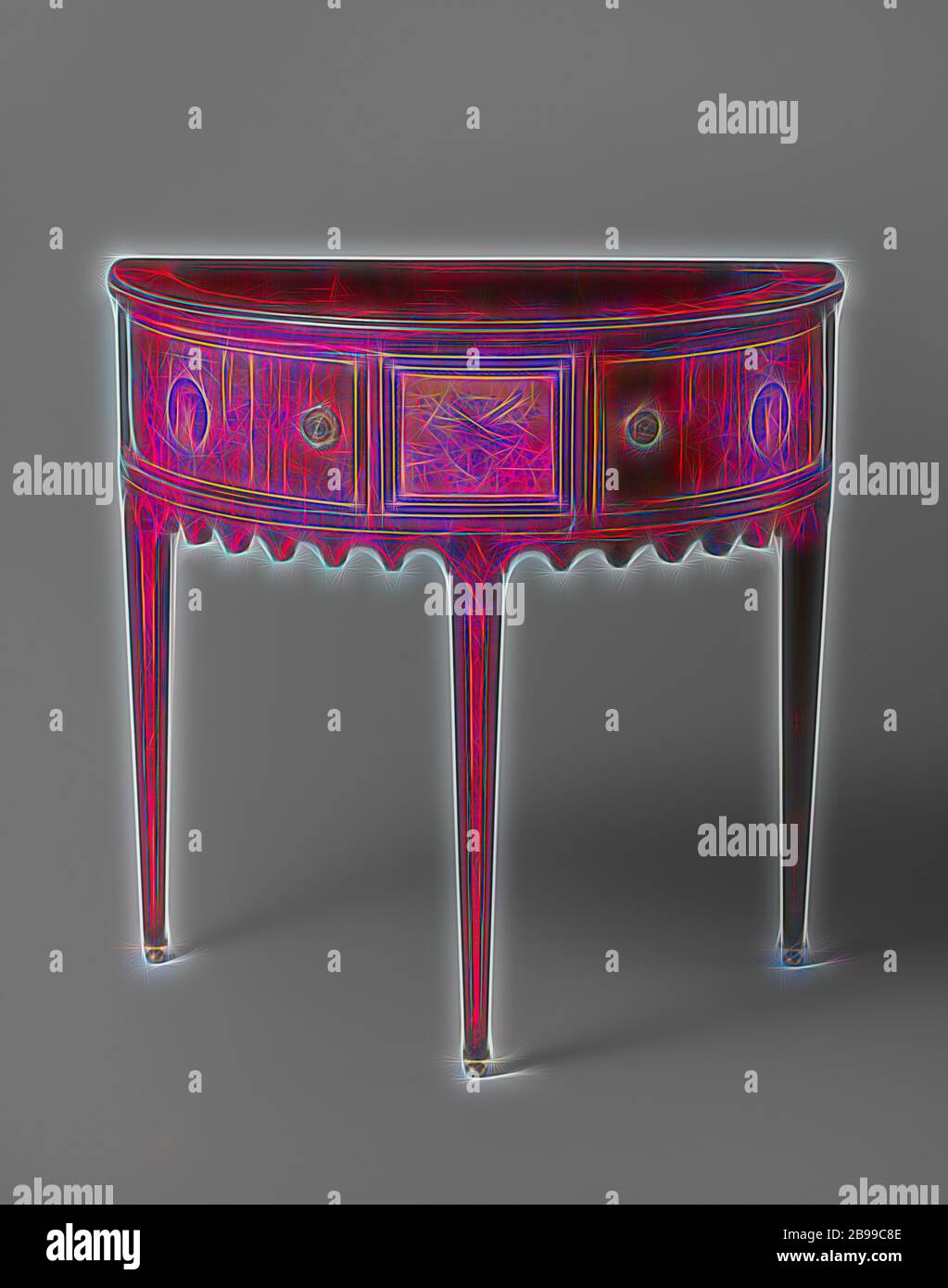 A metà tabella decorato con intarsi, compreso un trofeo con strumenti musicali, semi-tabella decorato con intarsi di rosa, di raso e altri tipi di legno su un nucleo in legno di quercia, su tre, di ringiovanimento, palissandro gambe e un rosone. Come regola generale, comprendente una cava cremagliera dentata, ci sono due quarti di cassetti tondi. La linea è decorata con un trofeo con strumenti musicali e sui cassetti con medaglioni con teste di profilo, appeso a una prua e portato a flower spray. La lama ha una centrifuga telaio impiallacciato., anonimo, Paesi Bassi, c. 1785 - c. 1800, di legno (materiale vegetale), Rovere (legno), ro Foto Stock