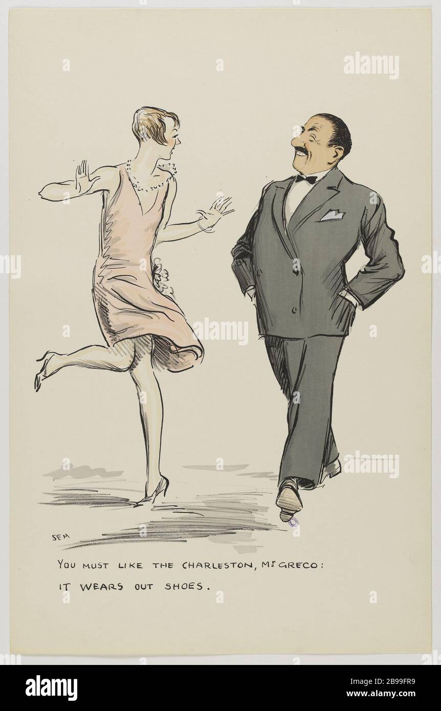 ALBUM WHITE BOTTOMS BY SEM : YOU MUST LIKE THE CHARLESTON, M. GRECO : IT WEARS OUT SHOES (PL 19) SEM (1863-1934). 'Album White Bottoms by SEM : You must like the charleston, M. Greco : IT wears out shoes (pl 19)'. Lithographie en couleur. Parigi, musée Carnavalet. Foto Stock