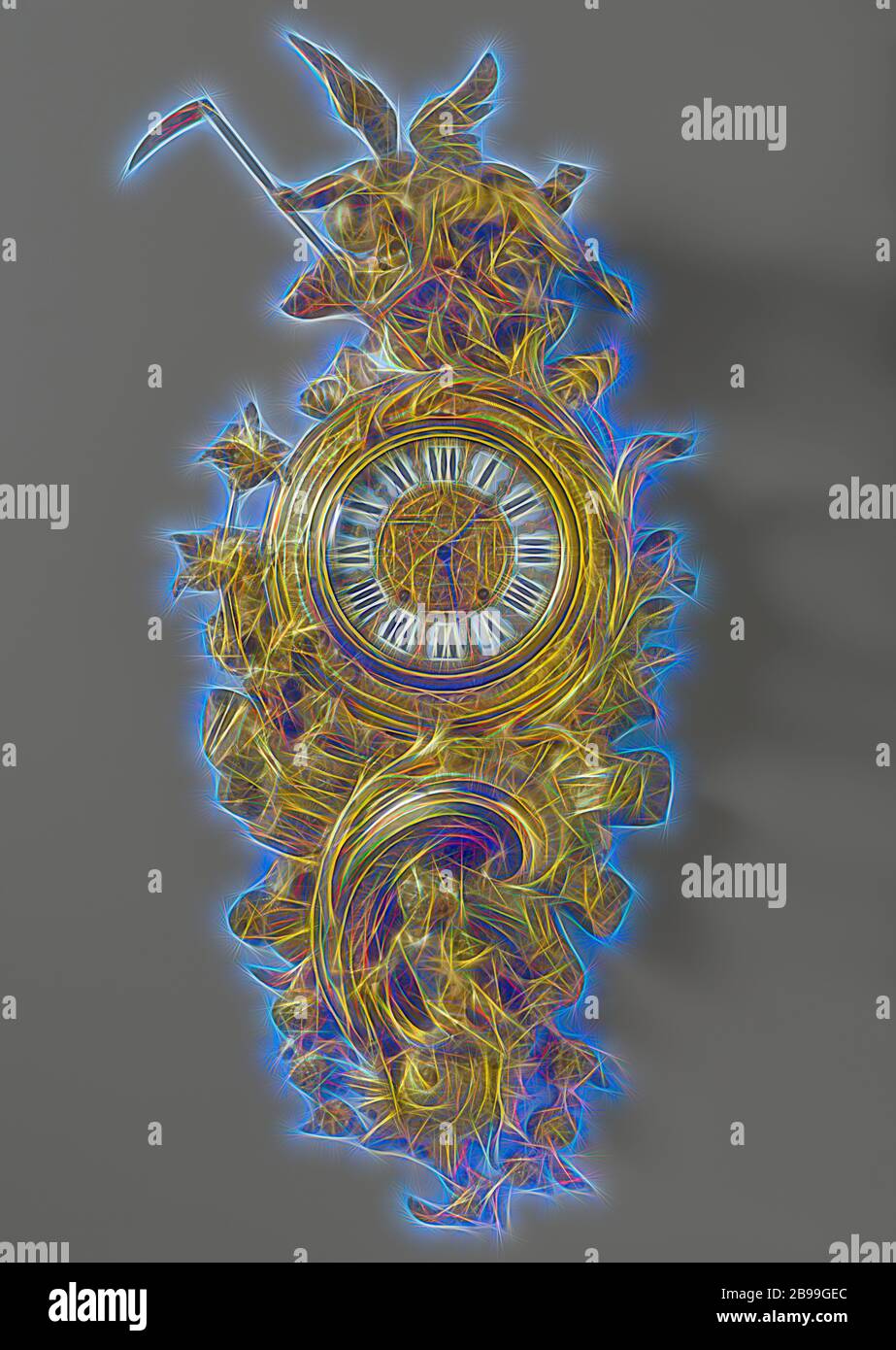 Cartello, orologio a pendolo del cartello di bronzo dorato che rappresentano: Tempo vince l'amore. Sopra il quadrante rotondo con bassorilievo smaltato targhe, su una nuvola, è l'alato piegate la figura del tempo con la falce, al di sotto di esso si siede Cupido su un grande C-voluta, circondato da massi con un teso la mano sinistra. La faretra cade dal lato destro, la prua è dietro le sue gambe. Nella parte inferiore di un involucro grande, circondato da rami di fiori, intorno alla composizione di un fiore e ramo di palma, Padre Tempo, uomo con le ali e la falce, (storia di) Cupido, Amor (Eros), Charles Cressent, Parigi, c. 1756 e/o c. 1740 - c. 1745 Foto Stock