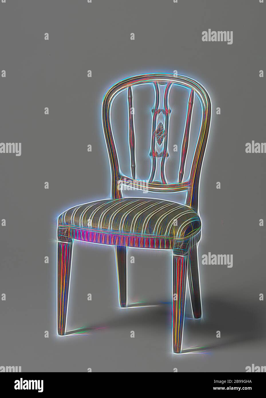 Mobili, sedia in mogano, poggianti su gambe quadrate che si restringono verso il basso e portano rosette acanthus sulle case, le gambe posteriori danno il passo indietro. Il retro curvo e sagomato presenta uno stile medio stretto e due barre curve angolate. Il telaio del sedile scanalato è leggermente piegato nella parte anteriore con angoli quadrati, lo schienale ha una forma semicircolare. La tappezzeria di penna verde è stata applicata più tardi., anonima, Paesi Bassi, 1775 - 1800, legno (materiale vegetale), mogano (legno), velluto (tessitura di tessuto), h 96.5 cm × w 52.5 cm × d 50 cm × h 49 cm × d 40 cm, Reimagined by Gibon, disegno di caldo bagliore allegro Foto Stock