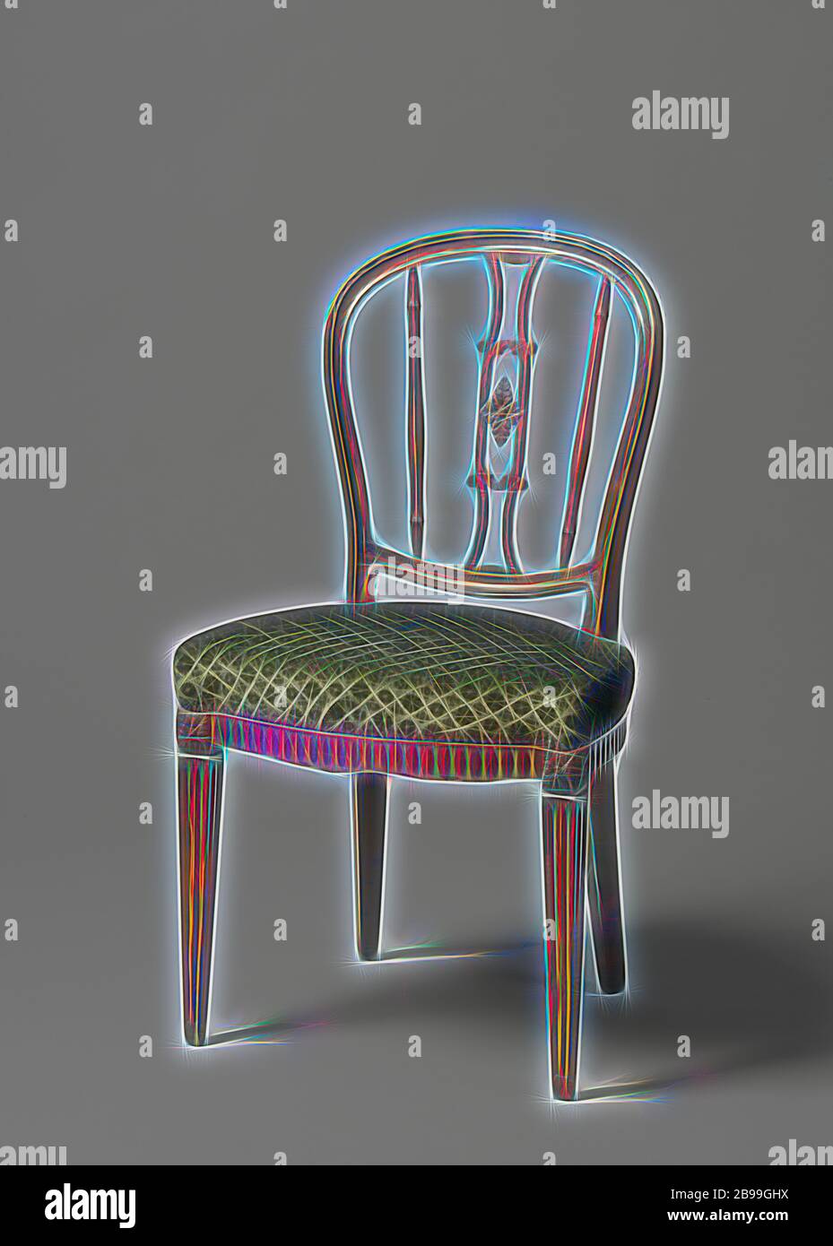 Mobili, sedia in mogano, poggianti su gambe quadrate che si restringono verso il basso e portano rosette acanthus sulle case. Le gambe posteriori danno il senso indietro. La parte posteriore aperta curva e sagomata ha un montante centrale stretto e due barre angolate tornite. Il telaio del sedile scanalato è leggermente curvato nella parte anteriore con angoli quadrati ed è emisferico nella parte posteriore. La tappezzeria di penna verde è stata applicata più tardi., anonima, Paesi Bassi, 1775 - 1800, legno (materiale vegetale), mogano (legno), velluto (tessitura di tessuto), h 95 cm × w 52.5 cm × d 51 cm h 51 cm × d 41 cm, Reimagined by Gibon, disegno di caldo allegro incandescente Foto Stock
