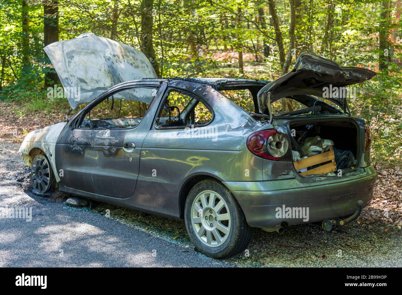 Macchina bruciata sul lato della strada nella più Forrest in Francia Foto Stock