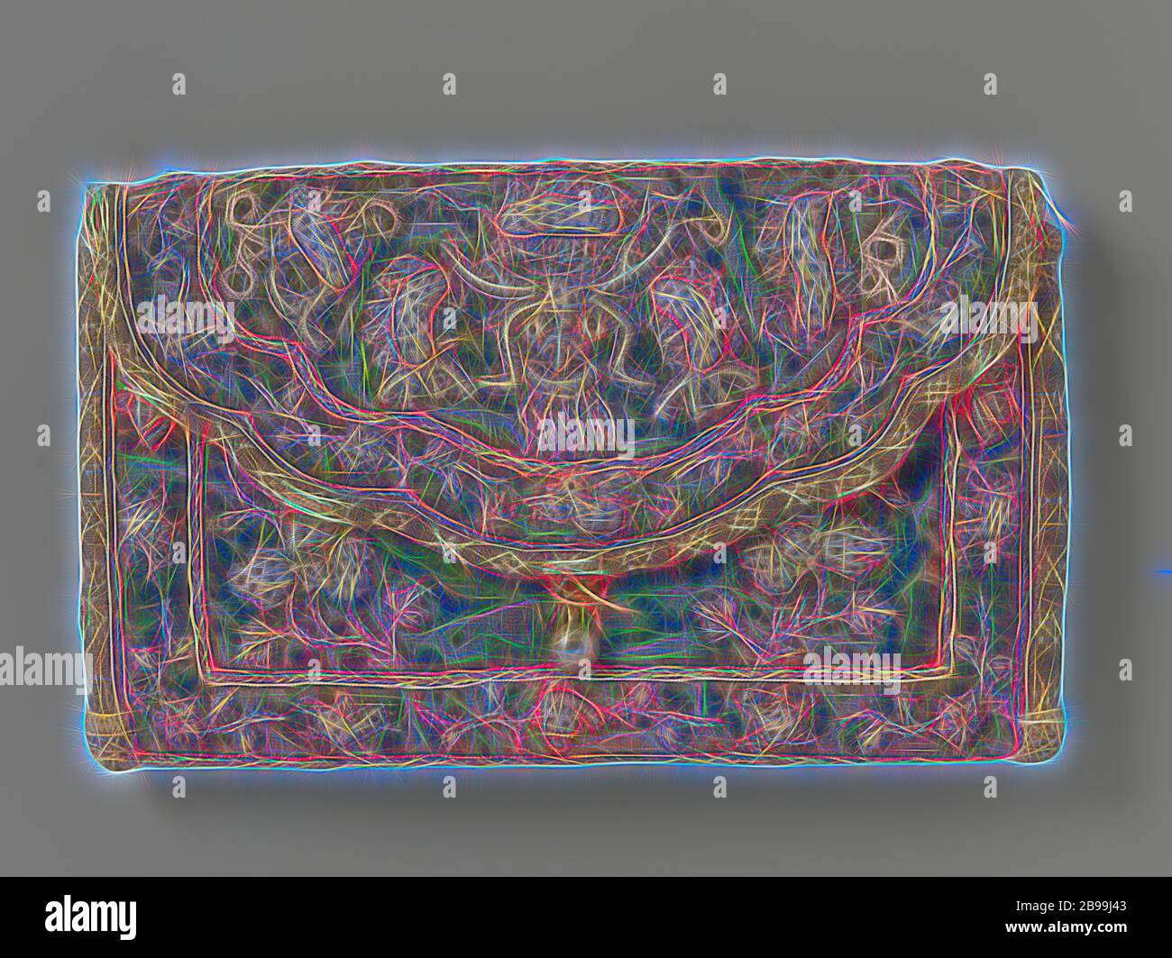 Borsa la lettera in una busta modello di velluto verde, ricamato con una maschera-come faccia sul lato anteriore e una fantasia animale sul retro, Lettera sacchetto in una busta maxi modello di velluto verde con una maschera-come faccia su di esso, goffrato con filo di argento anteriore e un animale di fantasia ricamato sul retro, sia circondata da un elenco di fiori e piccoli uccelli. Il bordo del sacchetto è rifinito con un bordo di colore marrone filo di seta con ecru ornamenti colorati. I due angoli inferiori sono rinforzati con punti ricamo. La fodera è realizzata in disadorno cotone rosso. All'interno due scomparti di uguale, rinforzata wit Foto Stock