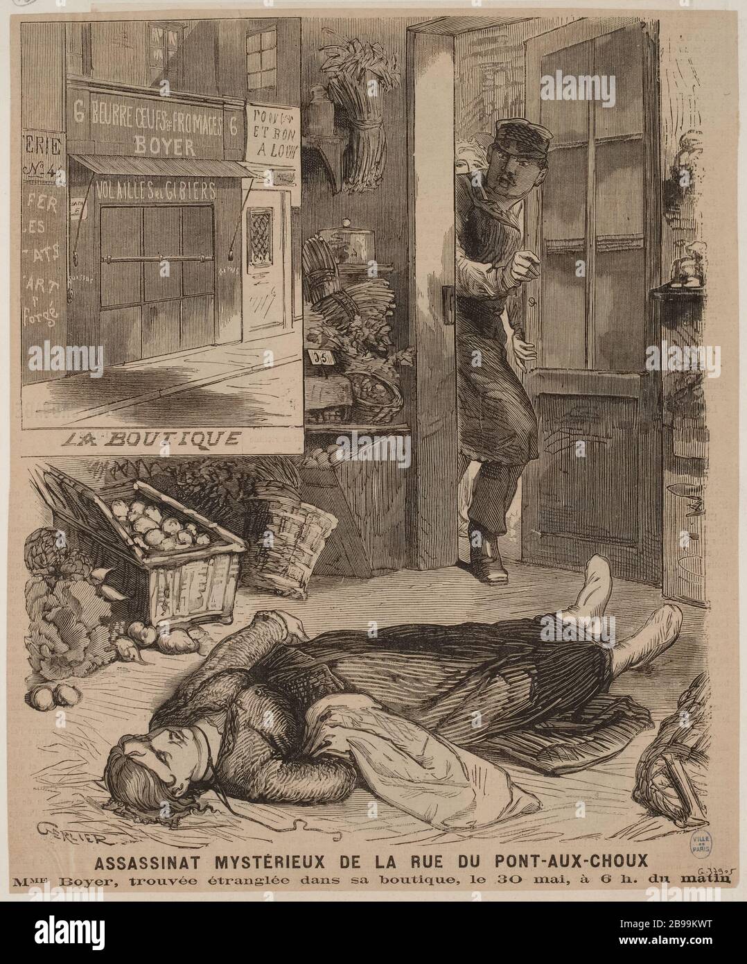 Il misterioso omicidio di rue du Pont aux choux / signora Boyer, trovato strangolato nel suo negozio il 30 maggio alle 6. Al mattino Foto Stock