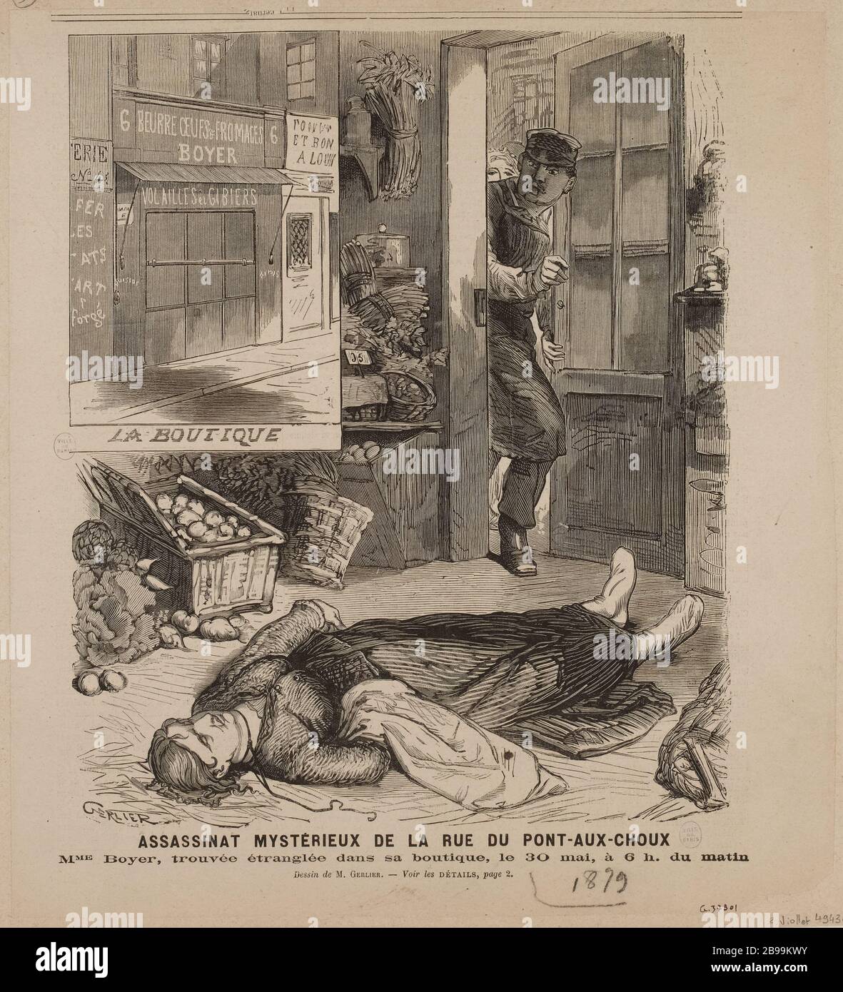 Il misterioso omicidio di rue du Pont aux choux / signora Boyer, trovato strangolato nel suo negozio il 30 maggio alle 6. Al mattino Foto Stock