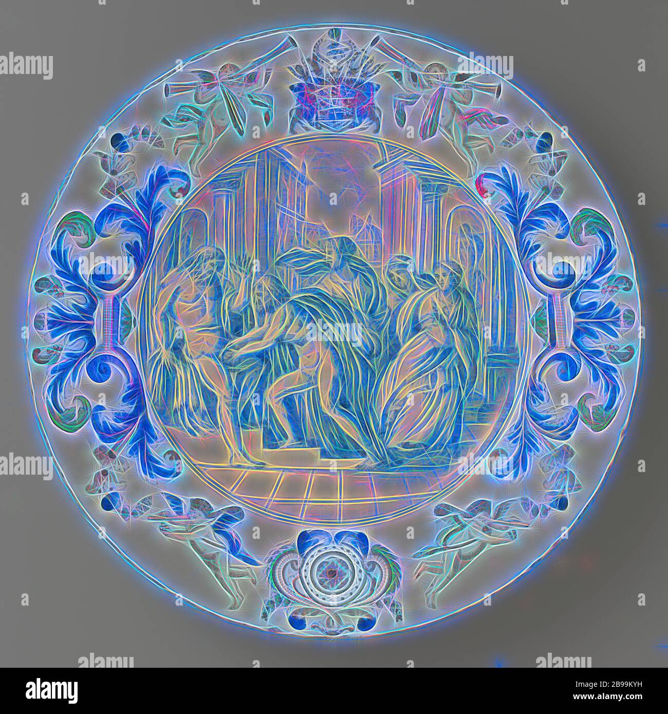 Piatto con la castrazione del piatto di Urano raffigurante la rimozione di Urano di Kronos, piatto di fede, raffigurante la rimozione di Urano di Kronos. Alla periferia lo stemma dei duchi di Braunschweig e Lüneburg. Dipinta multicolore, Het Moriaanshooft, Delft, c. 1680 - c. 1685, h 5.0 cm × d 38.5 cm, Reimagined by Gibon, design di calda e allegra luce incandescente e luminosità raggi. Arte classica reinventata con un tocco moderno. La fotografia ispirata al futurismo, abbracciando l'energia dinamica della tecnologia moderna, del movimento, della velocità e rivoluzionando la cultura. Foto Stock