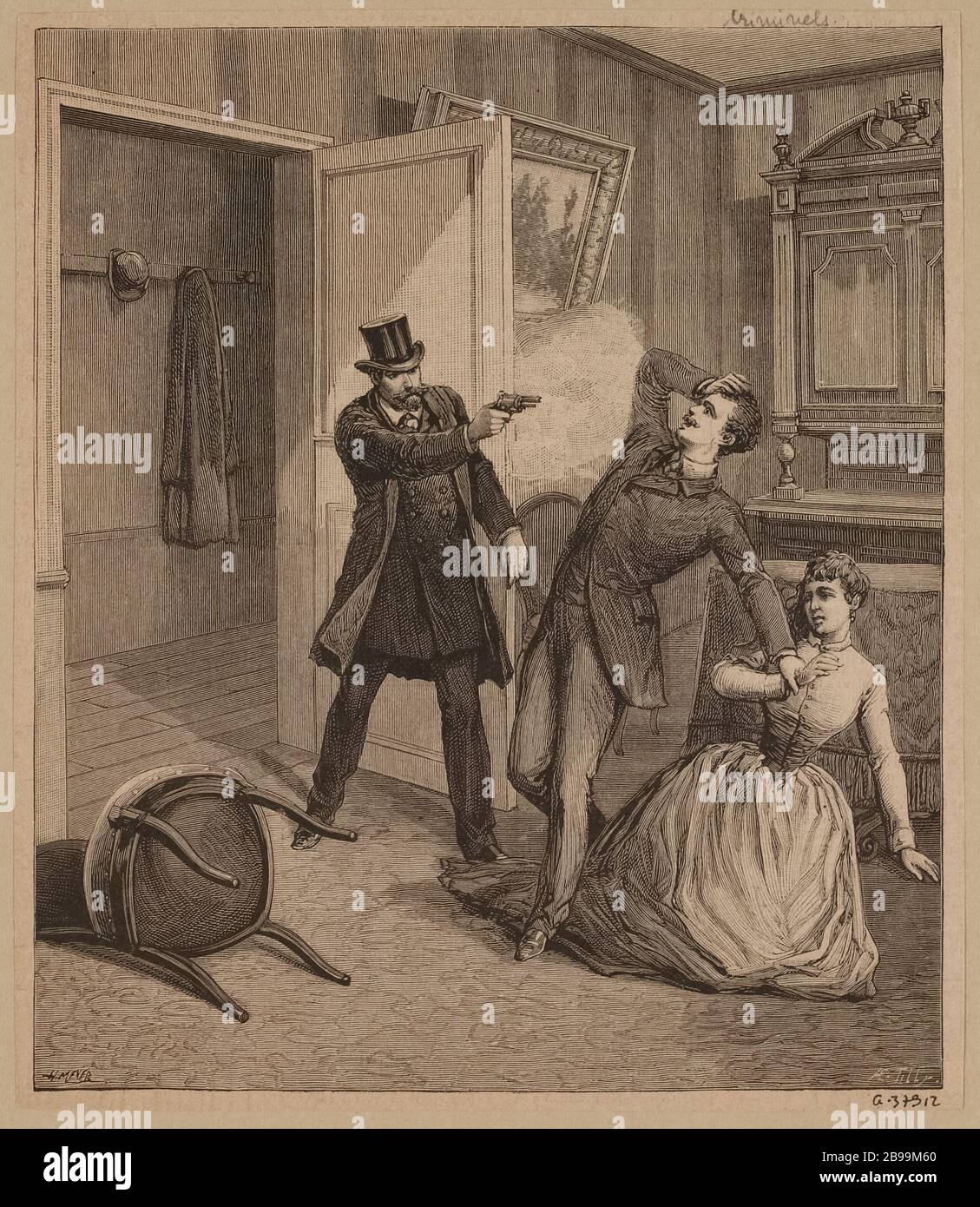 Uomo che spara con un revolver su una coppia. Foto Stock