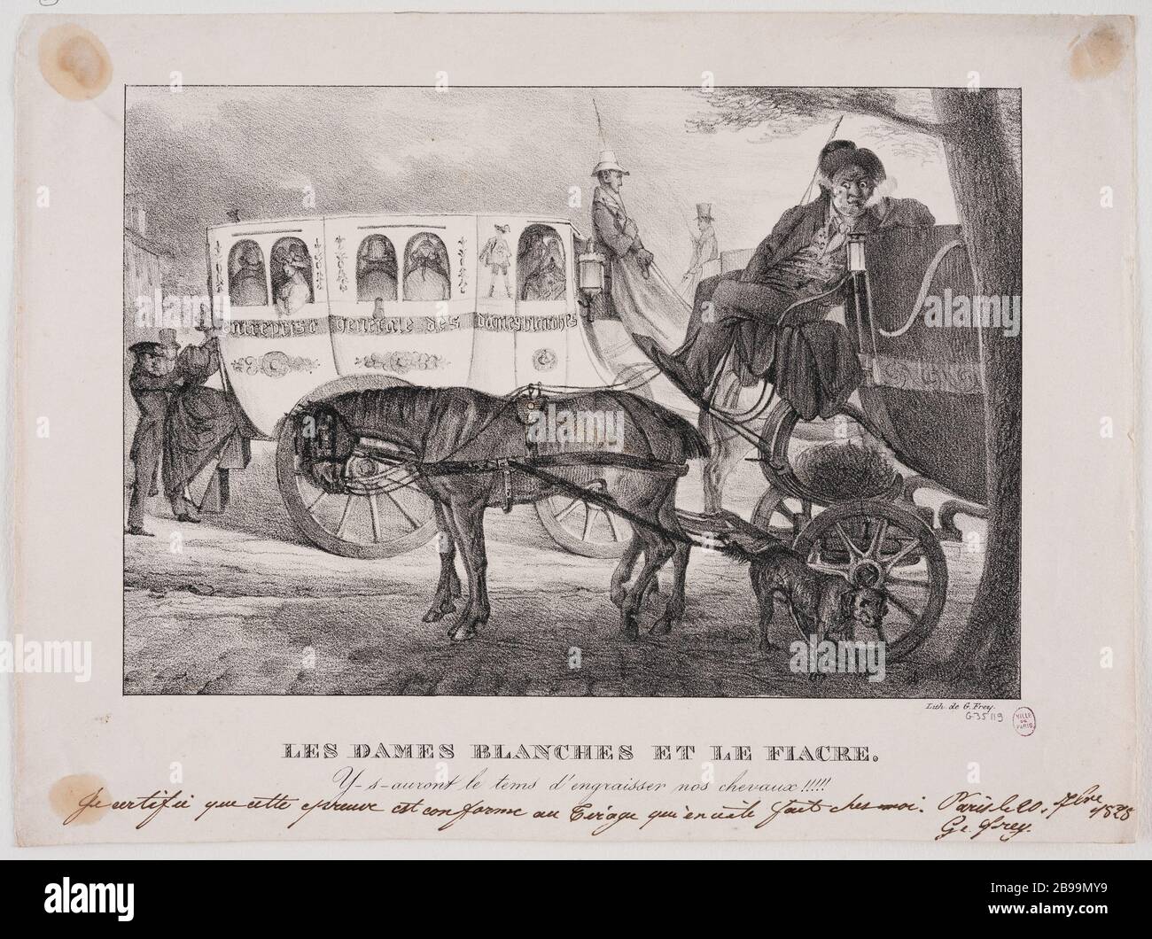 Les Dames Blanches e l'allenatore: Hanno il tempo di fecondare i nostri cavalli !!!!! Jean Georges Frey. "Les Dames Blanches et le fiacre: Y-s-auront le Tems d'engraisser nos chevaux!!!!!". Parigi, musée Carnavalet. Foto Stock