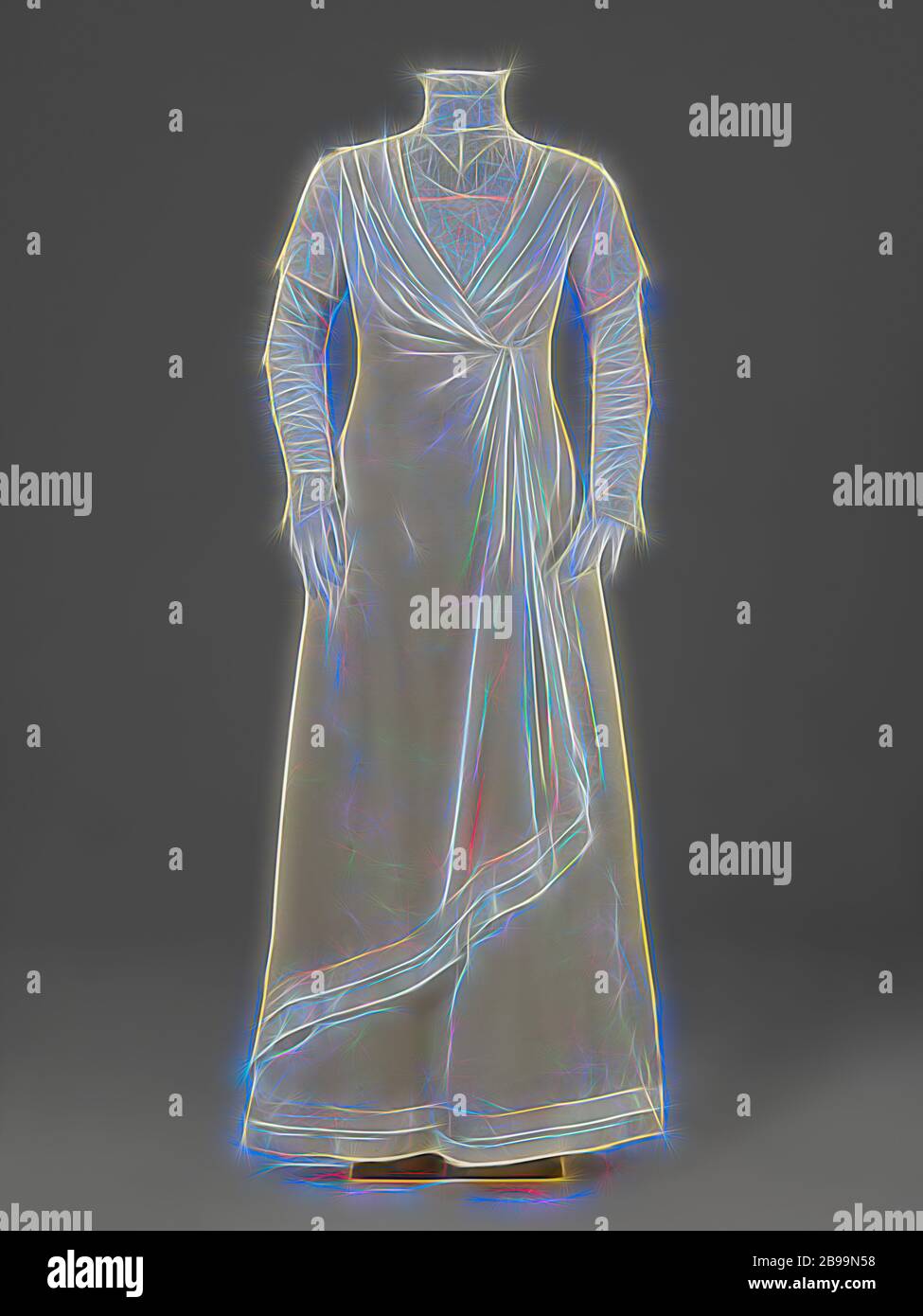 Abito da sposa con ricamate e increspato manicotti doppia, bianco satinato abito nuziale con sguardo de soie e merletto a fuselli, costituito da una tonaca (a), un underskirt (b) e corrispondenti pattini (c, d) di bianco glacé pelle, white satin abito nuziale con sguardo de soie e il merletto a tombolo, un underskirt (b) e corrispondenti pattini (c, d) di bianco pelle glacé. Modello (a): accappatoio princesse o Tanagré enne con un trascinato-sul sentiero. Anteriore: la chiusura è nascosto sotto un diagonalmente ribaltato la tunica di forma-wrap. Profondo scollo a v con un basso cardigan in raso e un elevato secondo cardigan da sguardo de soie e pizzi (XVIII secolo Mechelen bobb Foto Stock