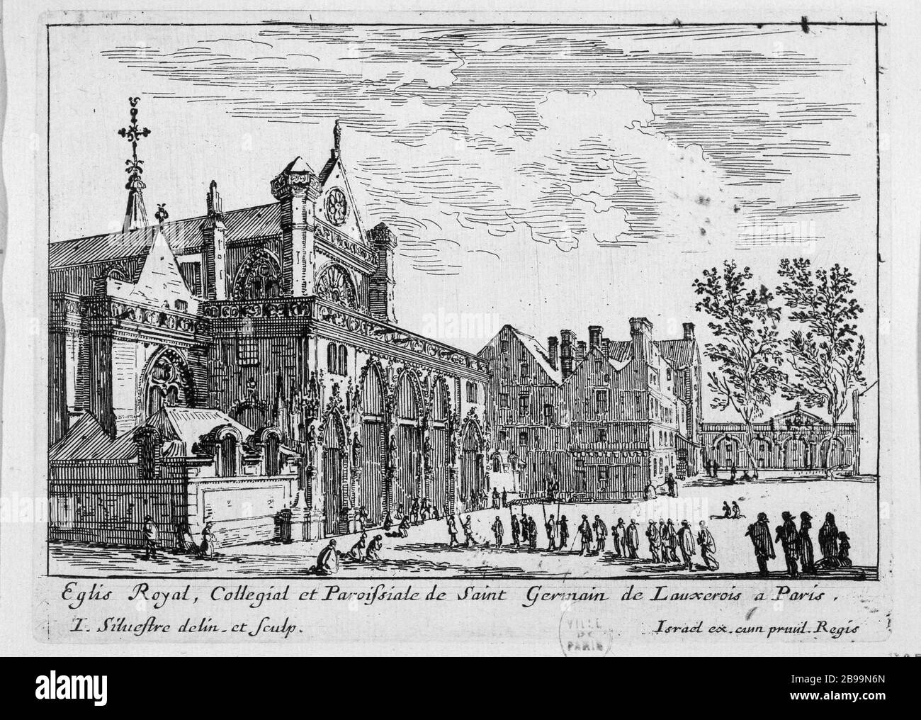 CHIESA REALE, COLLEGIATA E PARROCCHIA DI SAINT-GERMAIN-the AUXERROIS A PARIGI Israël Silvestre (1621-1691) et Israël Henriet (1590-1661). "Eglise Royale, collégiale et paroissiale de Saint-Germain-l'Auxerrois à Paris". Eau-forte, 1650-1660. Parigi, musée Carnavalet. Foto Stock