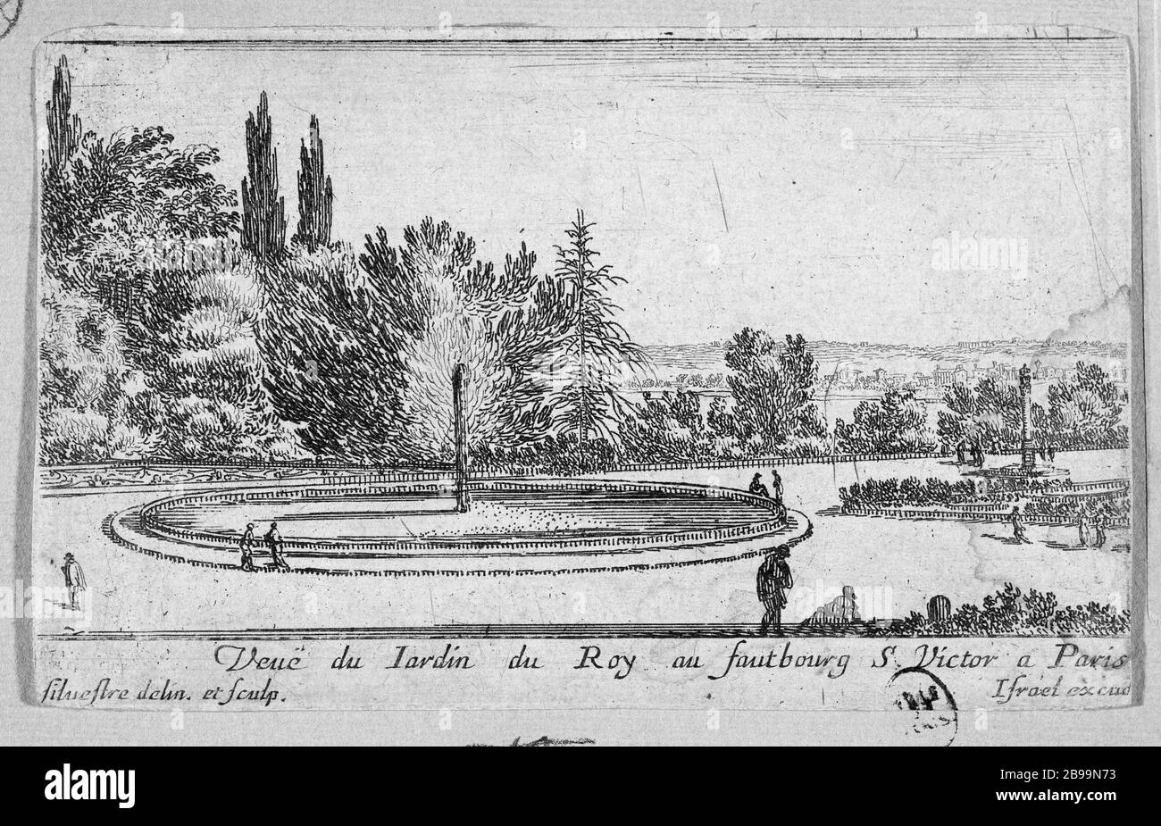 RE VISTA GIARDINO NEL SOBBORGO DI PARIGI SAINT-VICTOR Israël Silvestre (1621-1691) et Israël Henriet (1590-1661). "Vue du jardin du roi au faubourg Saint-Victor à Paris". Eau-forte, 1660. Parigi, musée Carnavalet. Foto Stock
