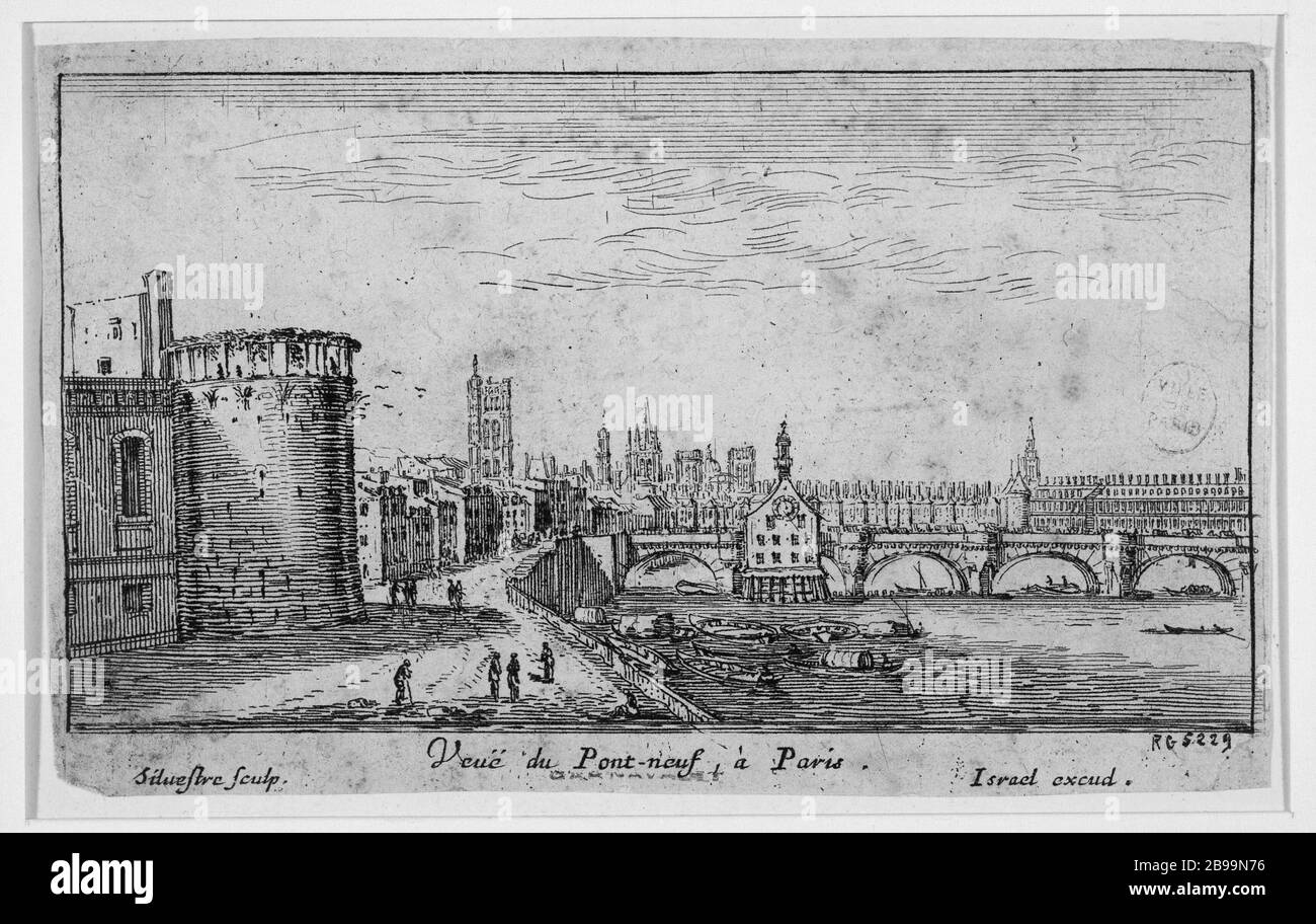 PER IL NUOVO PONTE DI PARIGI Israël Silvestre (1621-1691) et Israël Henriet (1590-1661). "Vue du pont Neuf à Paris". Eau-forte, 1660. Parigi, musée Carnavalet. Foto Stock