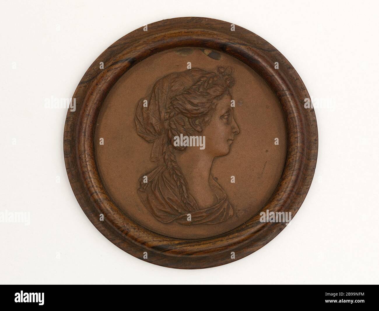 MEDAGLIONE: DONNA SCONOSCIUTA Renaud Jean-Martin, dit Renaud de Sarreguemines (1746-1821). Médaillon : jeune femme inconnue. Terre cuite, de couleur marron cair mat, avec cadre en bois. 1792. Parigi, musée Carnavalet. Foto Stock