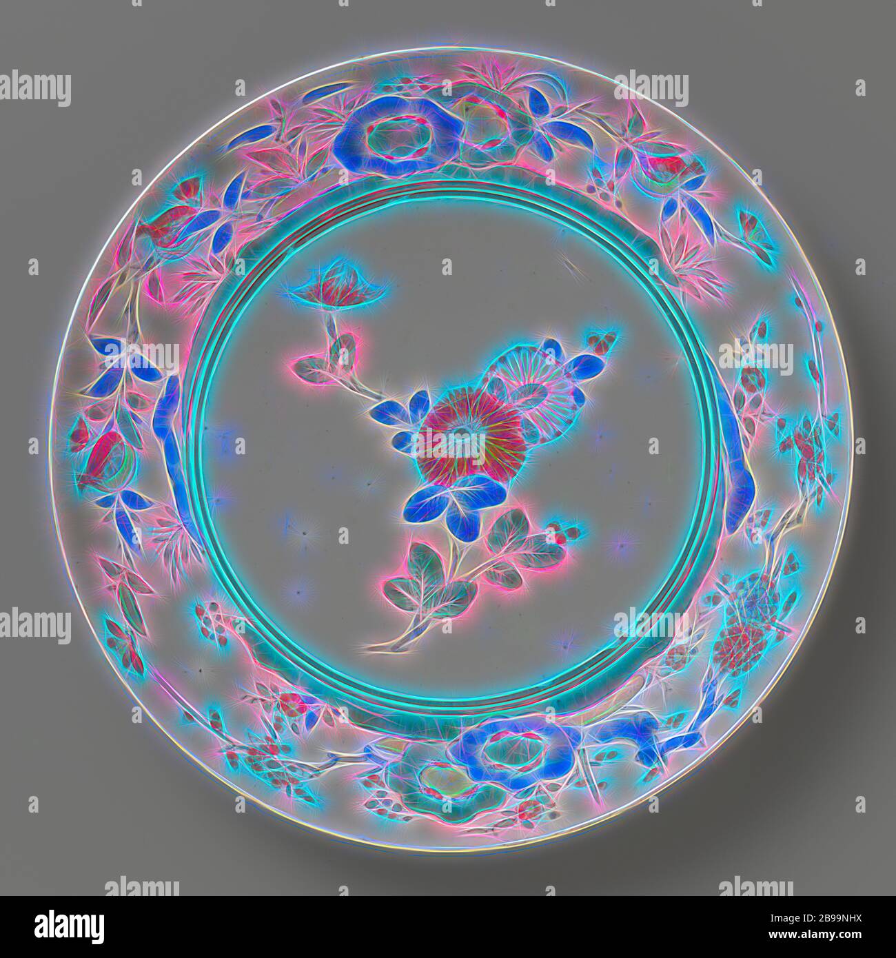 Piatto di porcellana con piante da fiore, dipinto sullo smalto in blu, rosso, verde, giallo, nero e oro. Sul ripiano un ramo di crisantemo. La parete interna con due rocce con piante fiorite (melograno, prunus). Vecchia etichetta sul fondo con 'Westendorp / 51 collection'. Quattro proen sul fondo. Stile Kakiemon, anonimo, Giappone, c.. 1675 - c. 1685, periodo Edo (1600-1868), porcellana (materiale), smalto, oro (metallo), vetrificazione, d 22.5 cm, Reimagined by Gibon, disegno di calda e allegra luce incandescente di luminosità e di luminosità raggi di luce. Arte classica reinventata con un tocco moderno. Pho Foto Stock