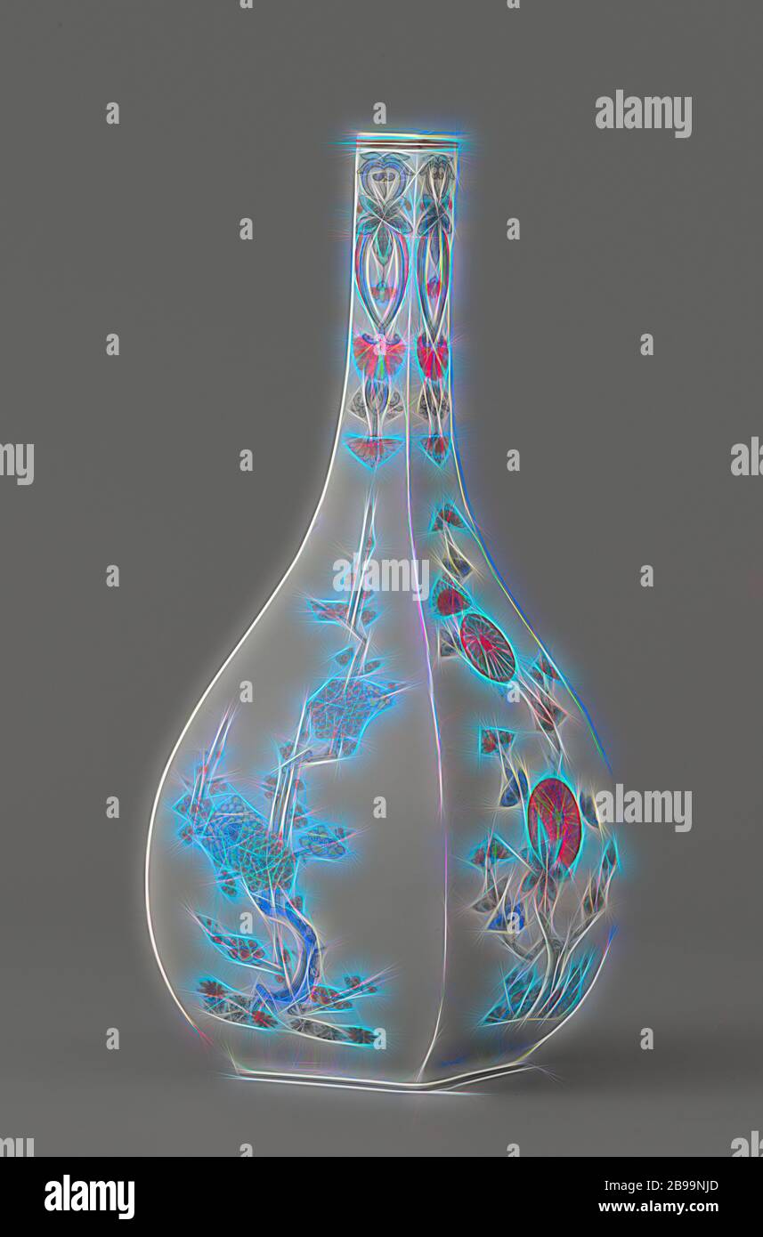 Bottiglia quadrata con prunus e crisantemo, bottiglia quadrata di porcellana, con un lungo collo, dipinta su smalto nel blu, rosso, verde, melanzana, nero e oro con un prunus alternati lungo le quattro pareti e il crisantemo. Avvolto ad anello fiori e foglie sul collo. Doppia linea rossa lungo la bocca. Chip a bordo. Vecchia etichetta sul fondo con 'Westendorp Collection / 122'. Kakiemon decor, eventualmente eseguite in Meissen. Bottiglia di giapponese., anonimo, Meissen (eventualmente), c. 1670 - c. 1730, Edo-periodo (1600-1868), porcellana (materiale), smalto, oro (metallo), la vetrificazione, h 22 cm l 1,8 cm × w 1,8 cm Foto Stock