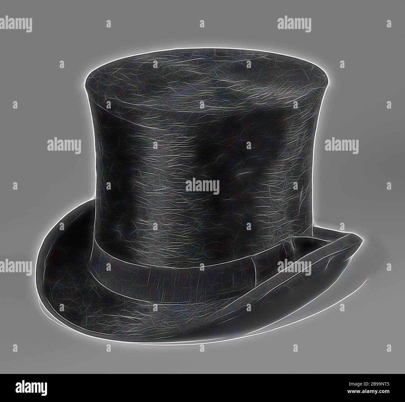 Cappello, cappello in velluto di seta nero, cappello in velluto di seta nero. Il cilindro è leggermente cavo, il nastro ha una fibbia. Bordo interno rivestito in pelle. Con la scatola del cappello di accompagnamento, coperta con carta con imitazione di grano di legno e con spruzzi di fiori intorno allo stemma reale olandese sul coperchio, A.F. Herbermann, Amsterdam, c. 1910, seta, velluto (tessitura di tessuto), lana, pelle, h 16.5 cm c 85 cm, Reimagined by Gibon, disegno di calda e allegra luce incandescente e luminosità raggi. Arte classica reinventata con un tocco moderno. Fotografia ispirata al futurismo, che abbraccia la dinamica Foto Stock