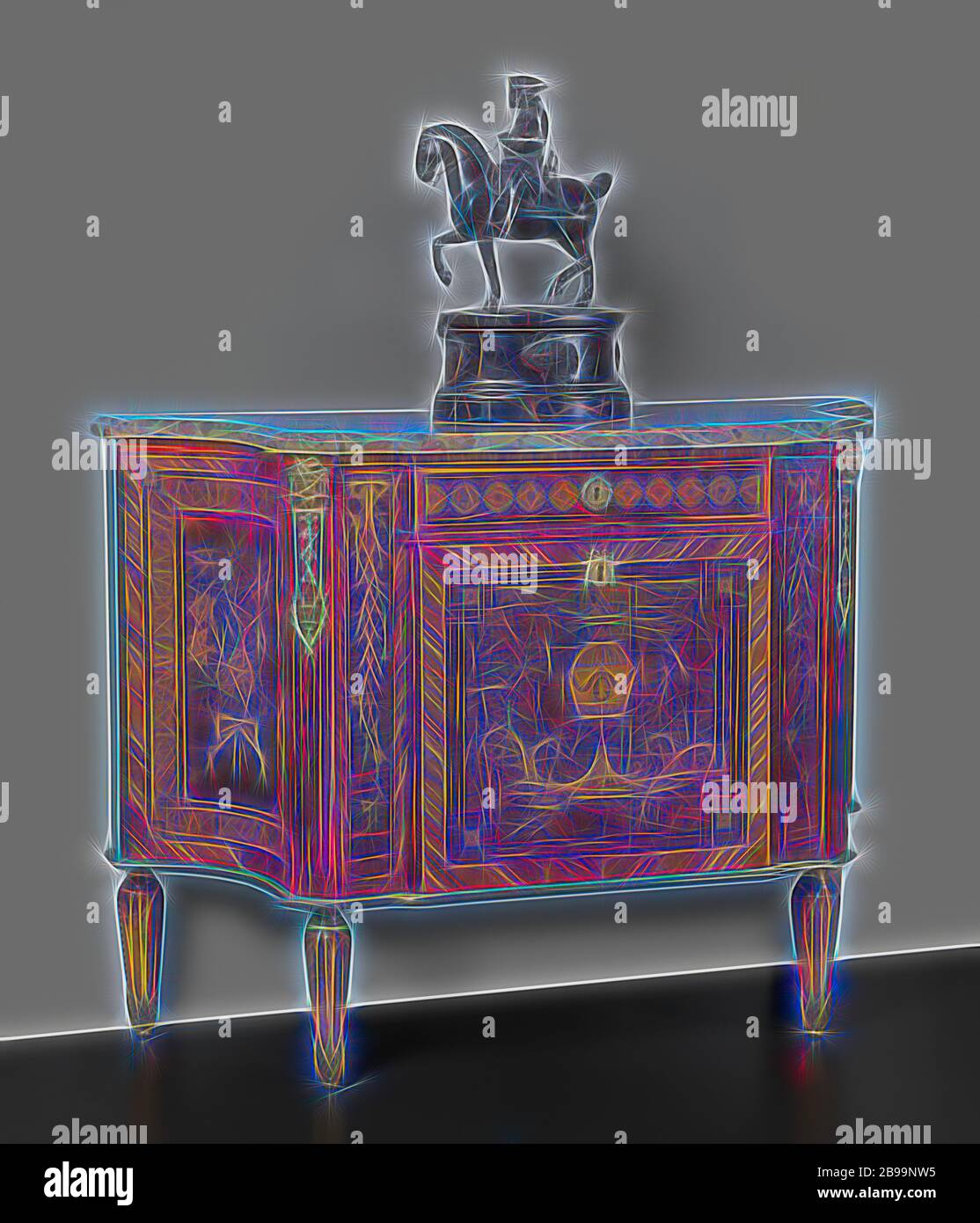 Cassettiera, comò in legno di quercia incollato con diversi tipi di legno. Il quarto round a lati arcuati mostrano un bouquet con un inchino. La parte anteriore contiene un cassetto con cerchi con rosette. Lo sportello al di sotto mostra un vaso con medaglione ritratto, acanto voluten con festone, Spruzzi di fiori e uccelli, lungo la parte anteriore della campana cordicelle su un arco. Le gambe inclinate sono rastremate verso il basso, montanti d'angolo anteriori con sham canali sono collocati in un angolo. In bronzo dorato le piastre di bloccaggio e telaio dello zoccolo, giallastro variegato top in marmo, ornamento, festone, garland, vase, uccelli ornamentali, mazzo di fiori, Matthijs Horrix (attribuito a), Th Foto Stock