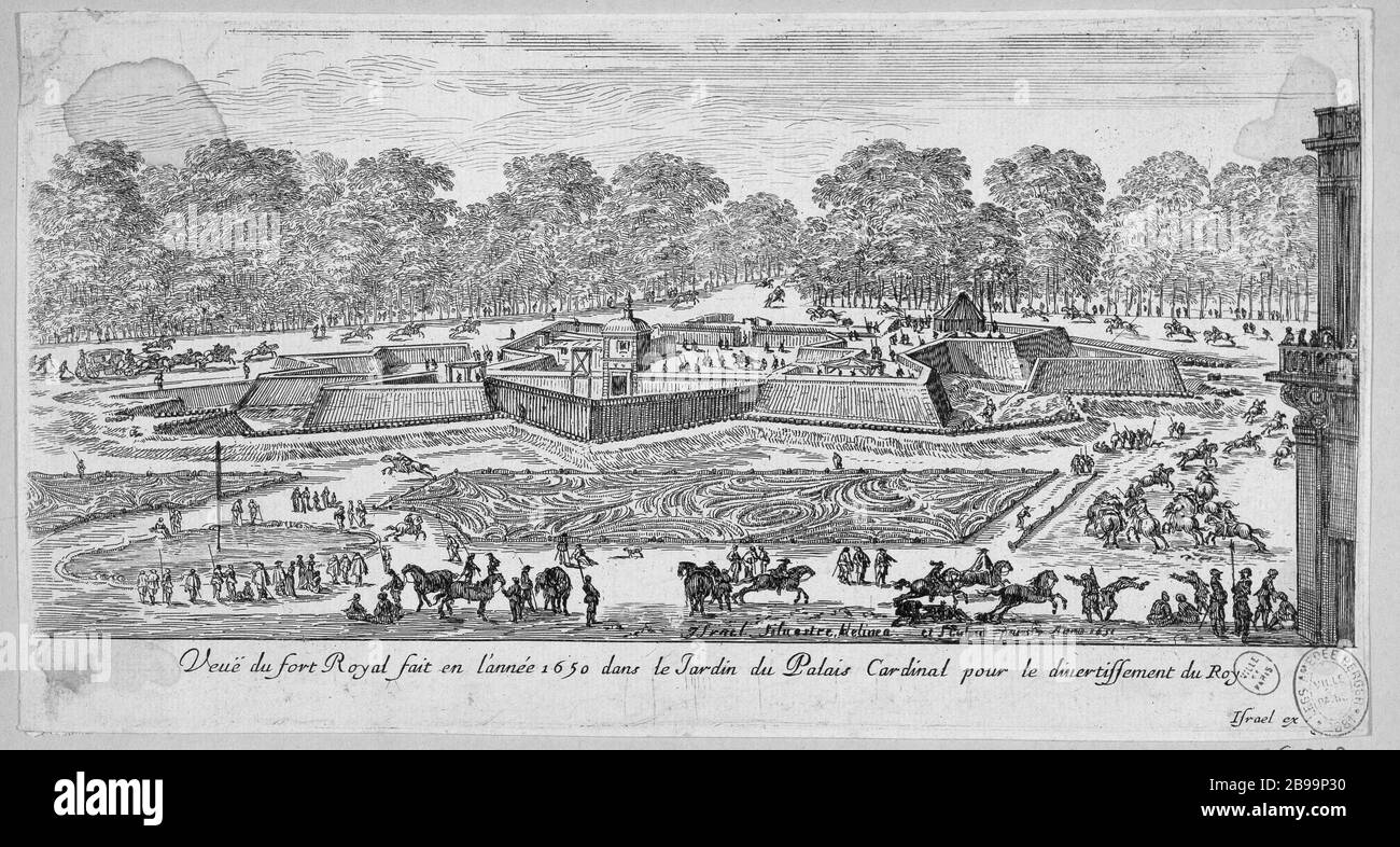 VISUALIZZA FORT ROYAL REALIZZATO NEL 1650 NEL GIARDINO DEL PALAZZO CARDINAL Israël Silvestre (1621-1691) et Israël Henriet (1590-1661). "Vue du Fort Royal fait en l'année 1650 dans le jardin du palais Cardinal pour le divertissement du Roy.". Eau-forte, 1650-1655. Parigi, musée Carnavalet. Foto Stock