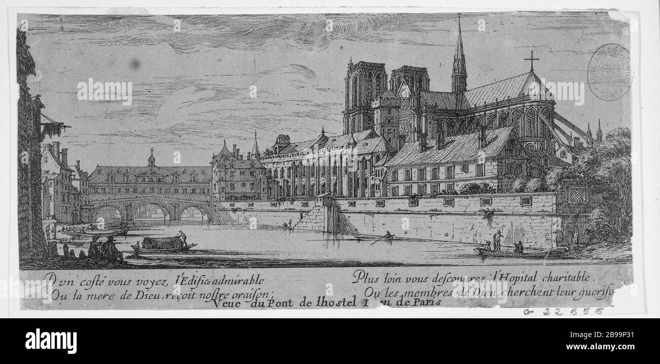 VISTA DEL BRIDGE HOTEL-DIEU ISRAËL SILVESTRE. "Vue du pont de l'Hôtel-Dieu". Eau-forte, 1650-1655. Parigi, musée Carnavalet. Foto Stock