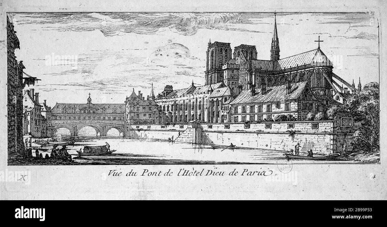 VISTA DEL BRIDGE HOTEL-DIEU ISRAËL SILVESTRE. "Vue du pont de l'Hôtel-Dieu". Eau-forte, 1650-1655. Parigi, musée Carnavalet. Foto Stock